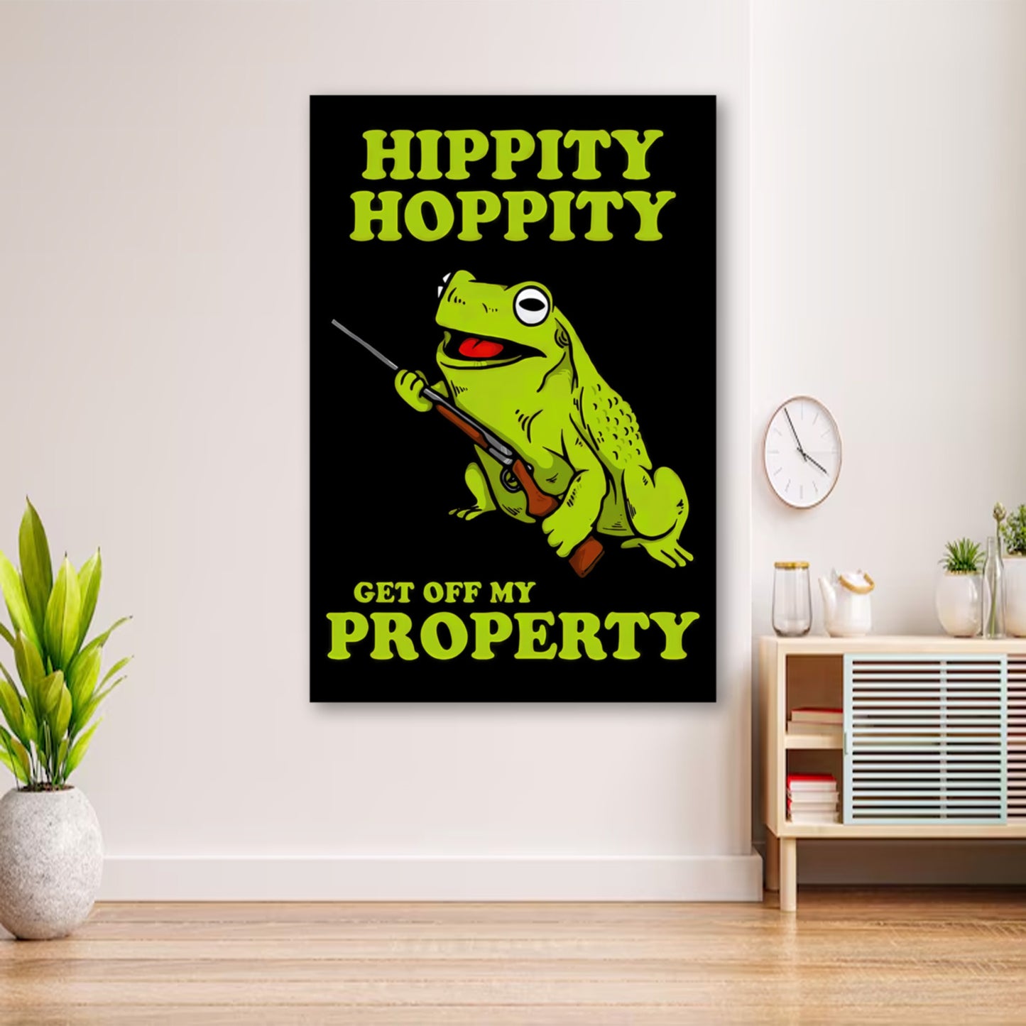 Hippity Hoppity Frog Meme Poster – Armed Amphibian Wall Art wall art displayed in cozy portrait-style interior with minimalist decor