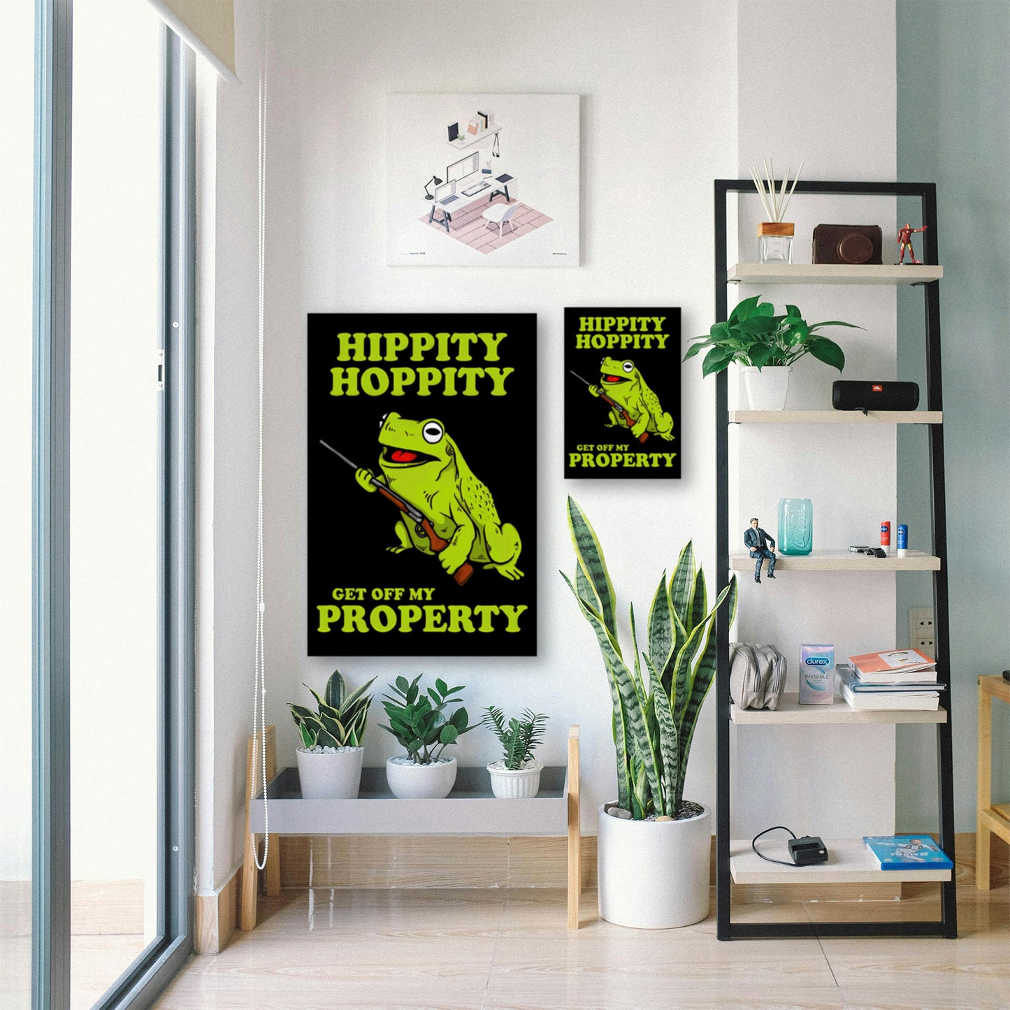 Hippity Hoppity Frog Meme Poster – Armed Amphibian Wall Art displayed in bright room with plants and shelf