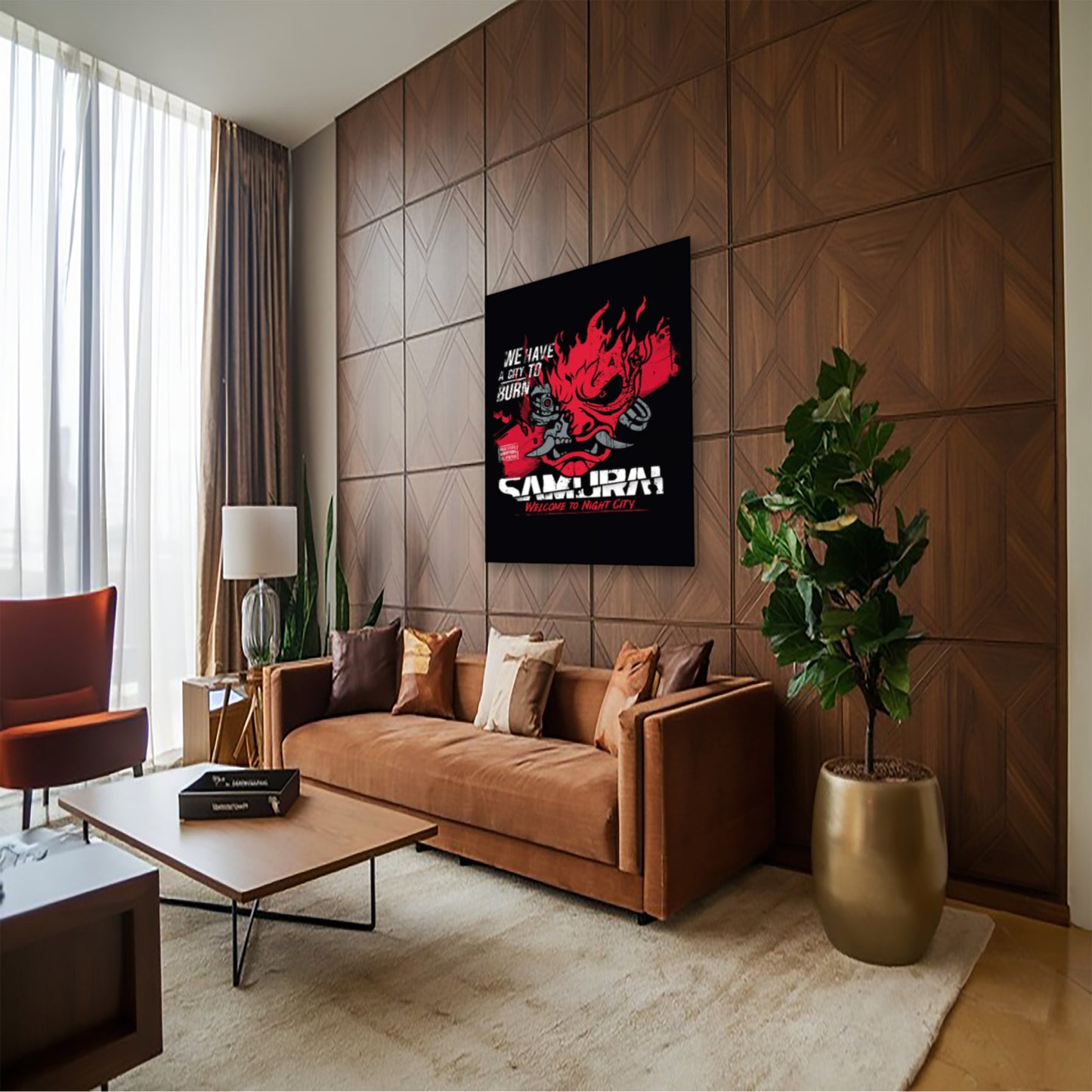 Cyberpunk 2077 Samurai Poster – “We Have a City to Burn” Wall Art hung above couch in contemporary living room