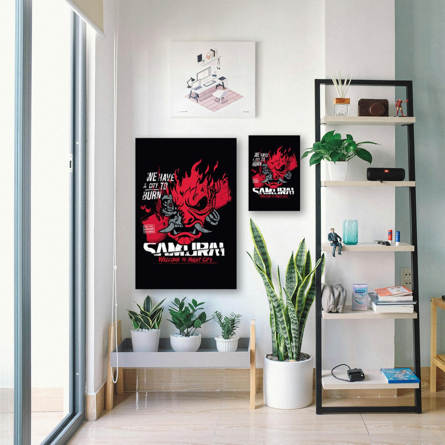 Cyberpunk 2077 Samurai Poster – “We Have a City to Burn” Wall Art displayed in bright room with plants and shelf