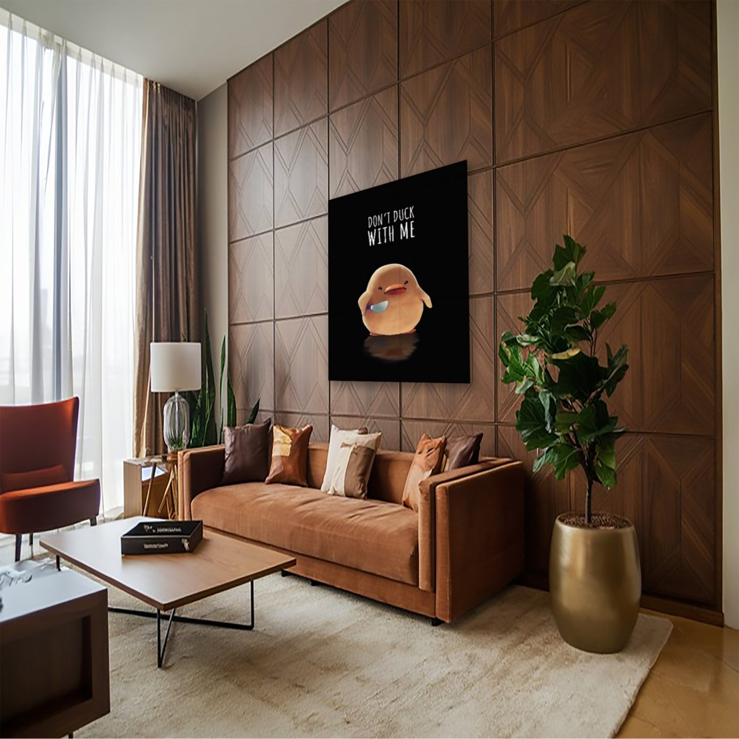 Don’t Duck With Me Poster – Funny Duck with Knife Meme Wall Art hung above couch in contemporary living room