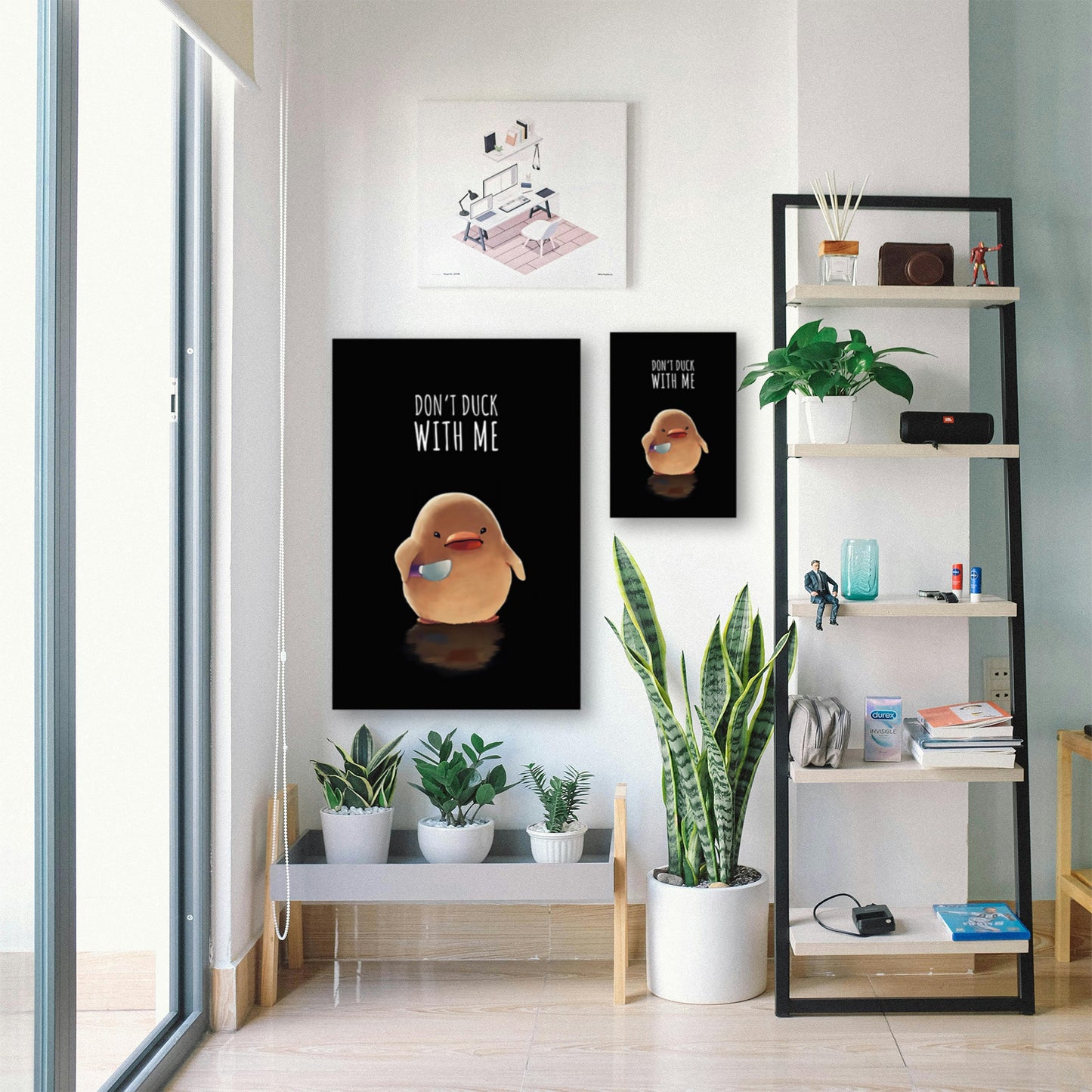 Don’t Duck With Me Poster – Funny Duck with Knife Meme Wall Art displayed in bright room with plants and shelf