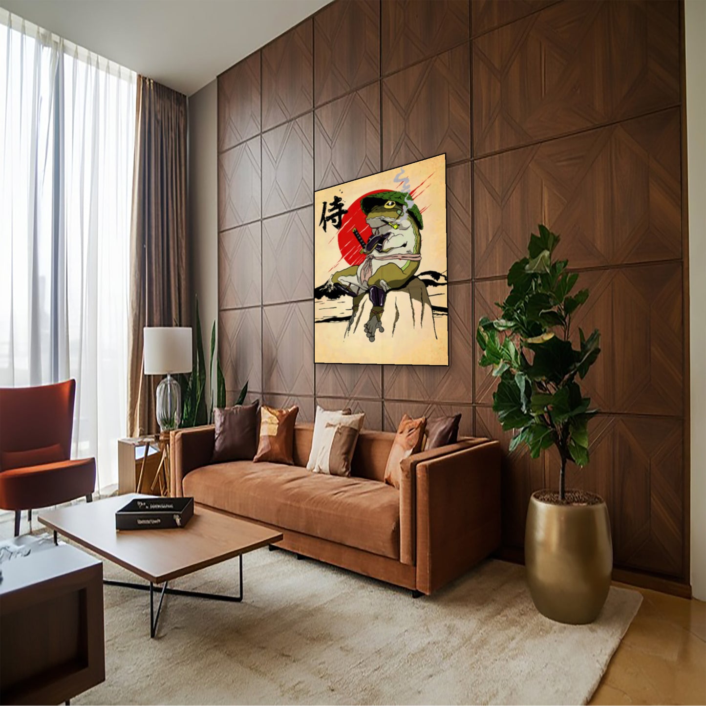 Bushido Frog Poster – Epic Amphibian Warrior Art Print hung above couch in contemporary living room