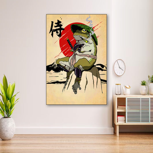 Bushido Frog Poster – Epic Amphibian Warrior Art Print wall art displayed in cozy portrait-style interior with minimalist decor