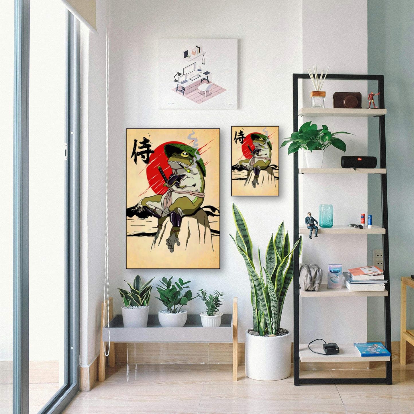 Bushido Frog Poster – Epic Amphibian Warrior Art Print displayed in bright room with plants and shelf