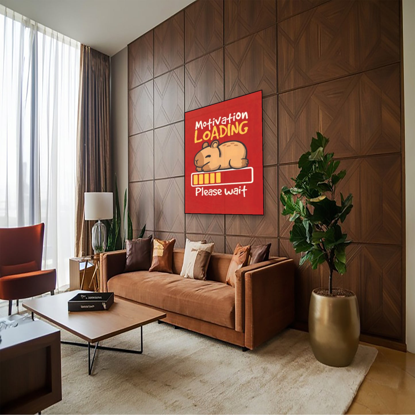Capybara Motivation Poster – Loading Bar Animal Humor Wall Decor hung above couch in contemporary living room