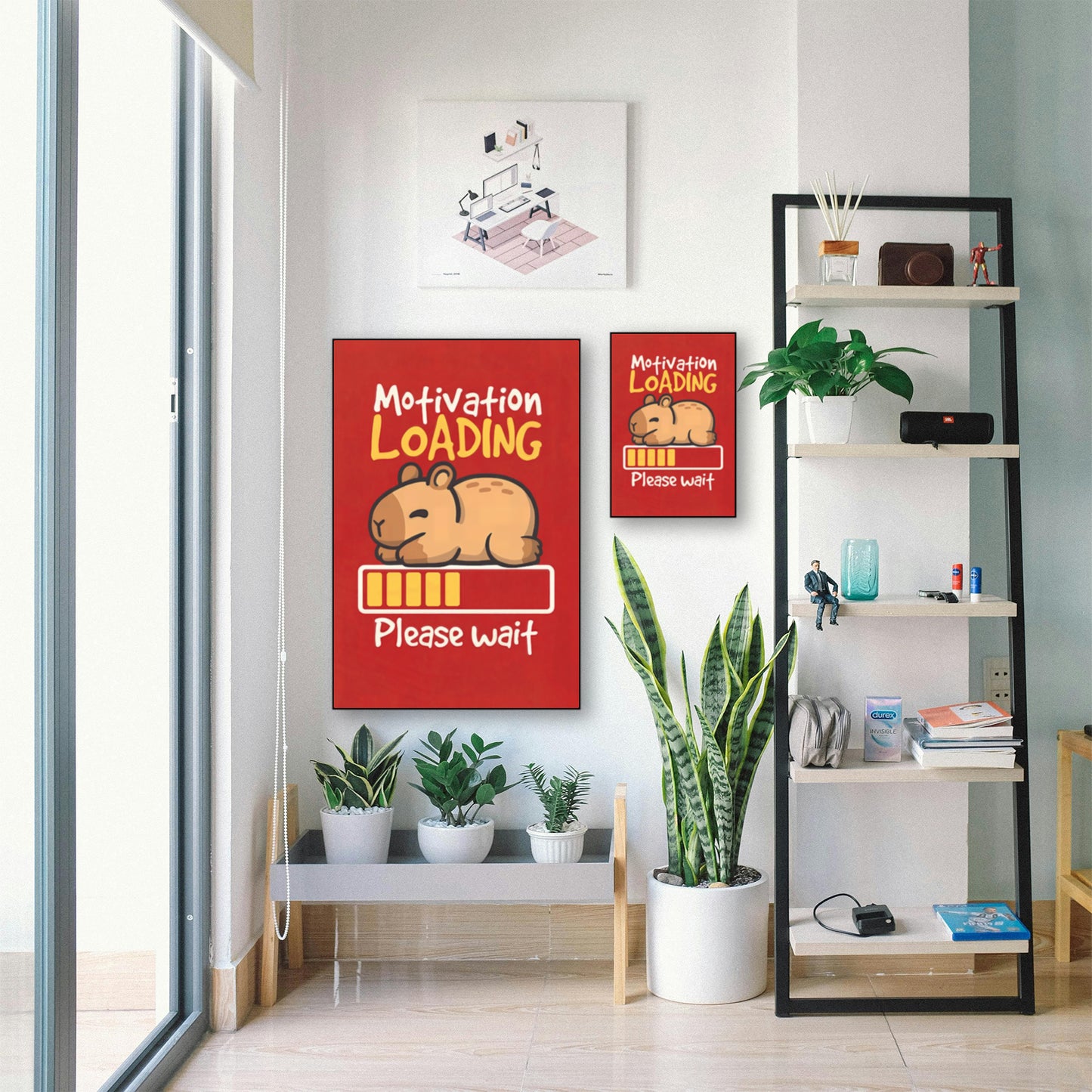 Capybara Motivation Poster – Loading Bar Animal Humor Wall Decor displayed in bright room with plants and shelf
