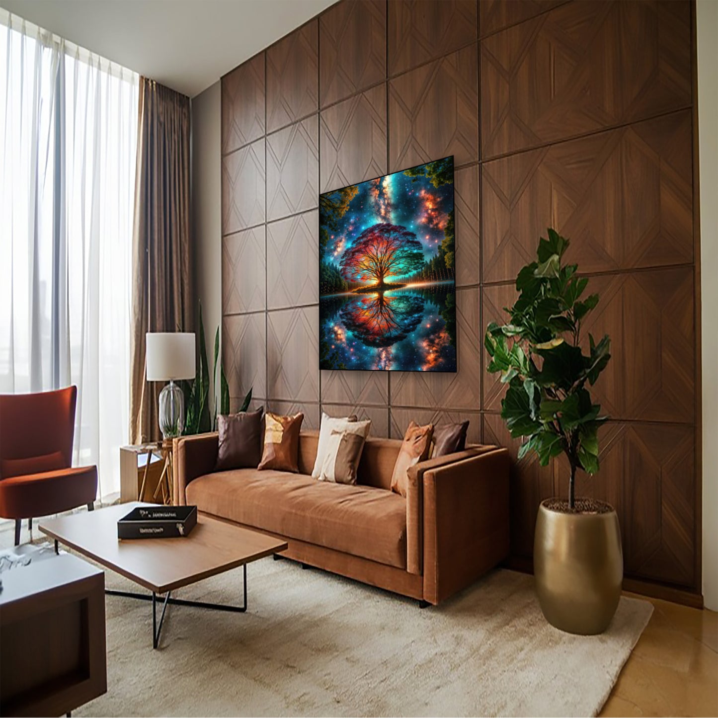 Cosmic Tree of Life Poster – Vibrant Galaxy Nature Wall Art hung above couch in contemporary living room