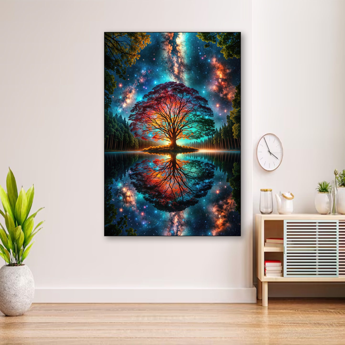 Cosmic Tree of Life Poster – Vibrant Galaxy Nature Wall Art wall art displayed in cozy portrait-style interior with minimalist decor