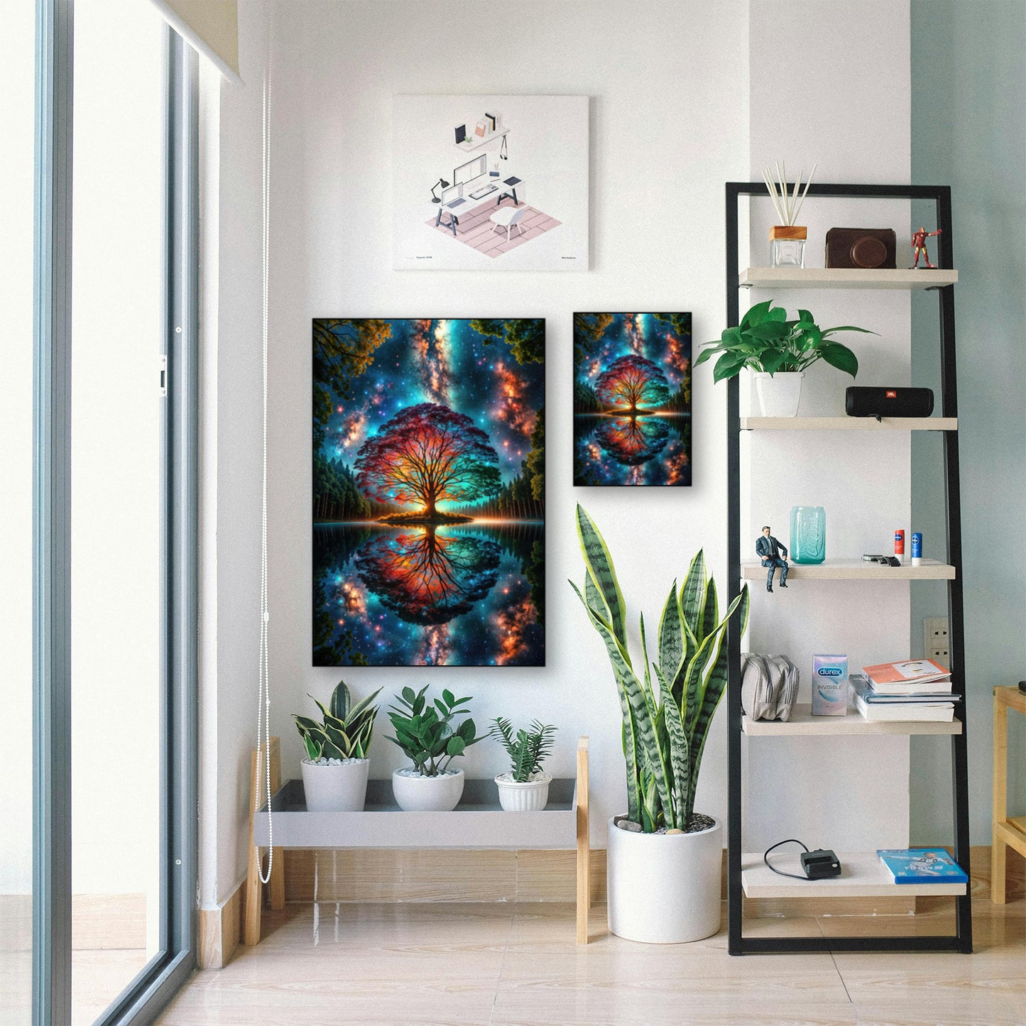 Cosmic Tree of Life Poster – Vibrant Galaxy Nature Wall Art displayed in bright room with plants and shelf