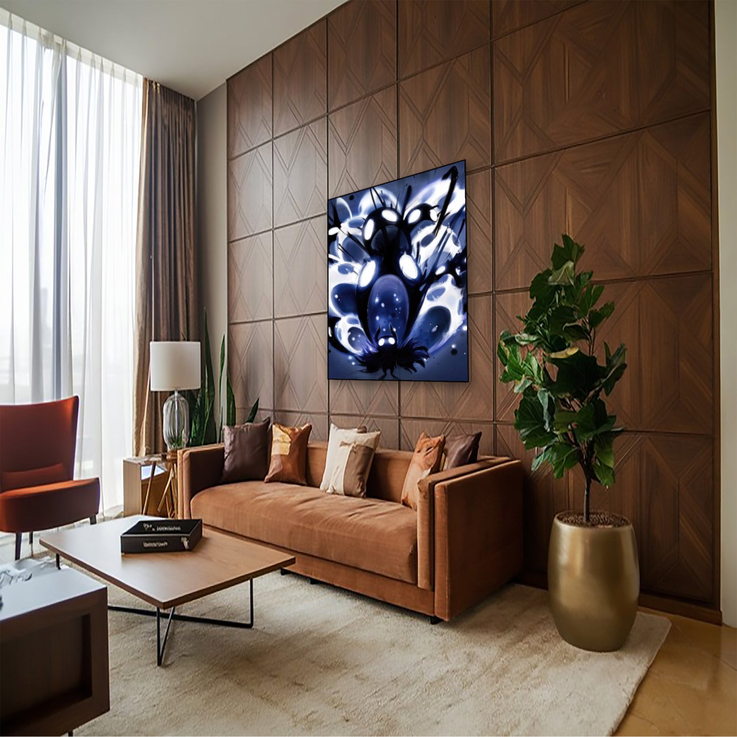 Hollow Knight Void Explosion Poster – Epic Boss Battle Wall Art hung above couch in contemporary living room