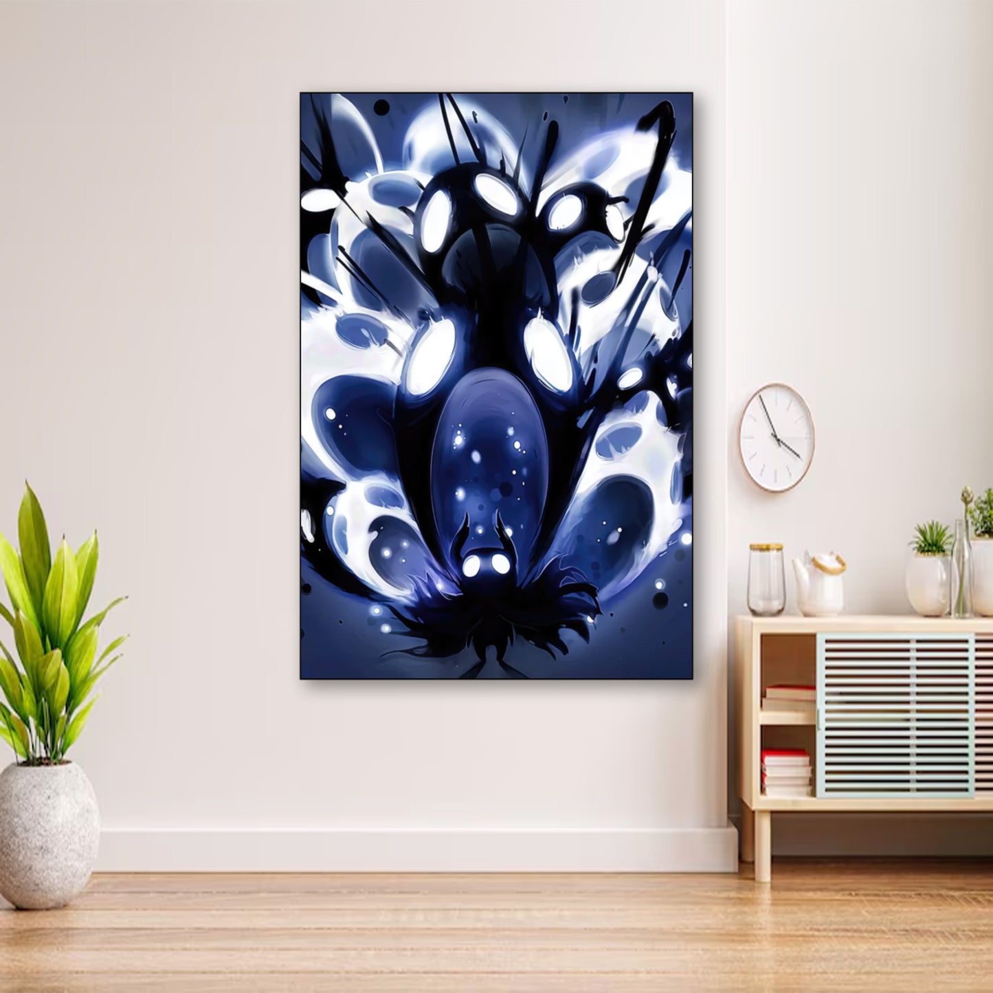 Hollow Knight Void Explosion Poster – Epic Boss Battle Wall Art wall art displayed in cozy portrait-style interior with minimalist decor