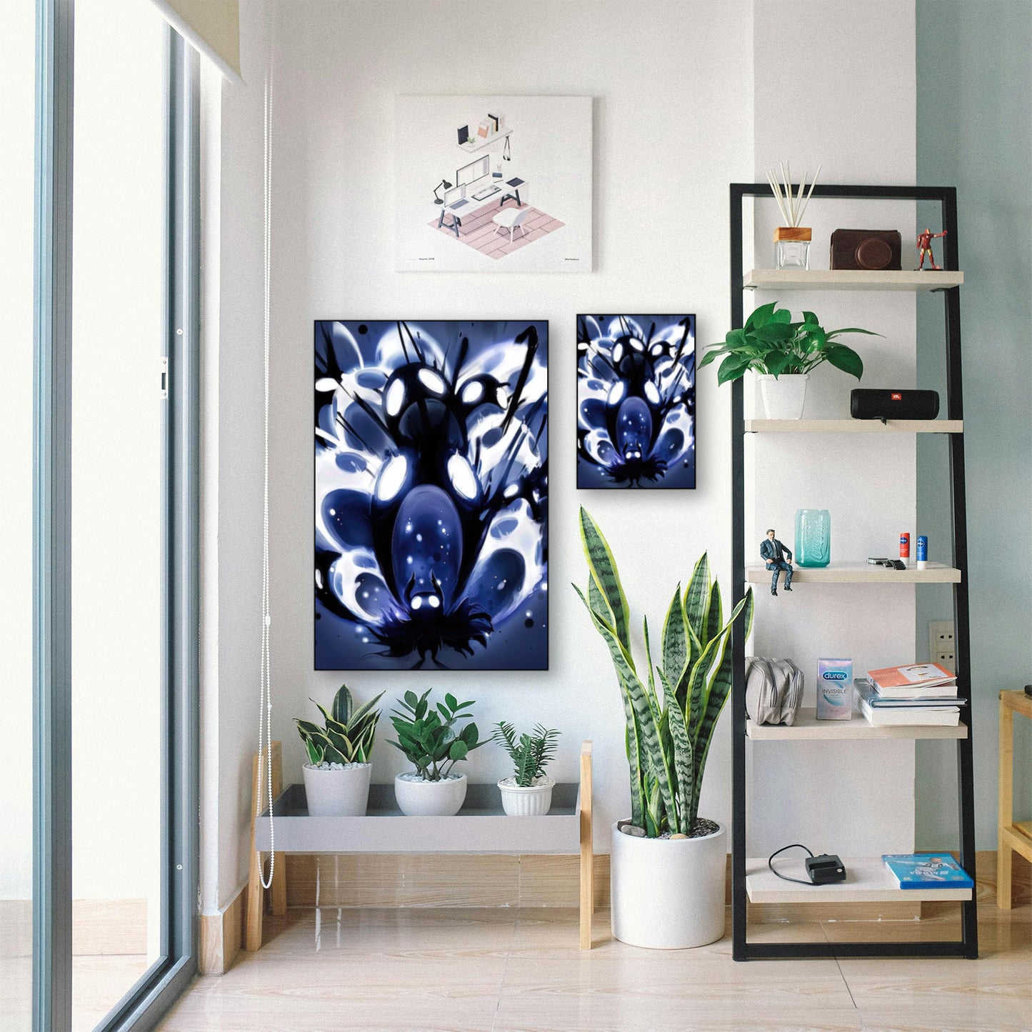 Hollow Knight Void Explosion Poster – Epic Boss Battle Wall Art displayed in bright room with plants and shelf