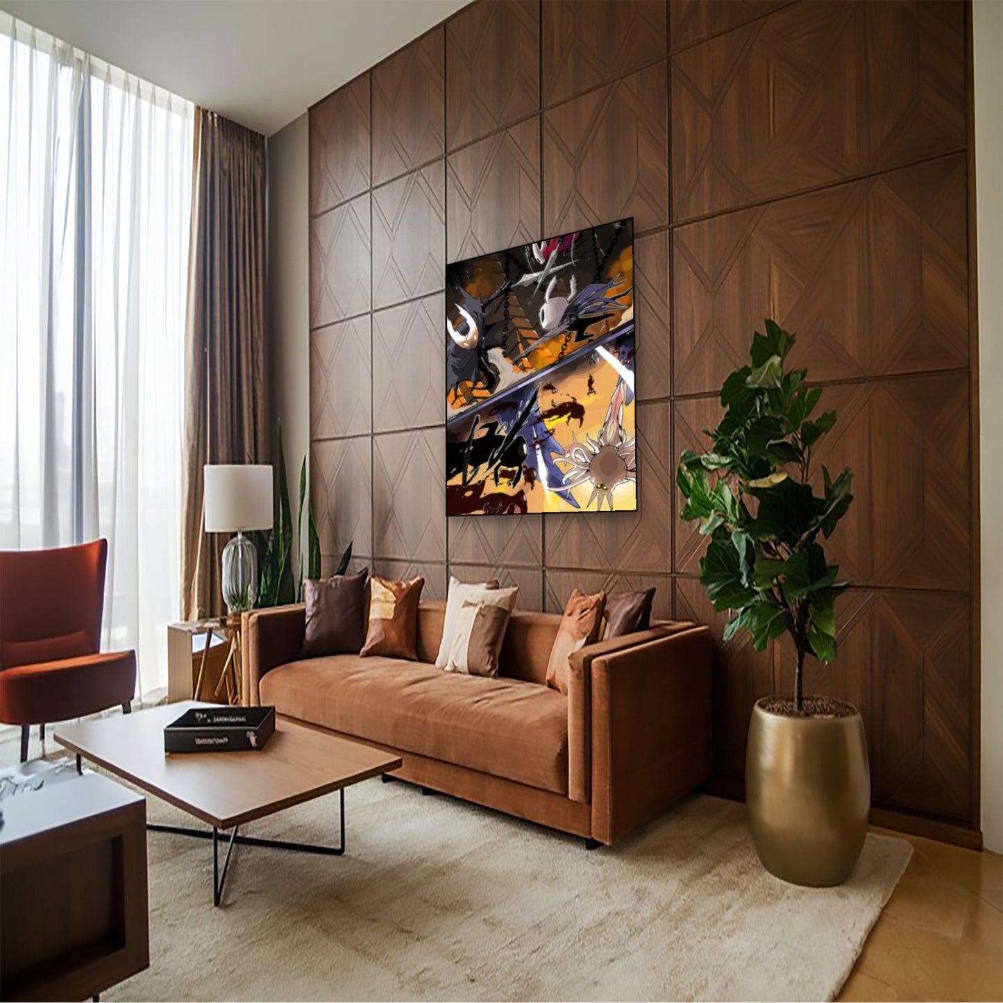 Hollow Knight Action Scene Wall Art – Boss Rush Video Game Poster hung above couch in contemporary living room
