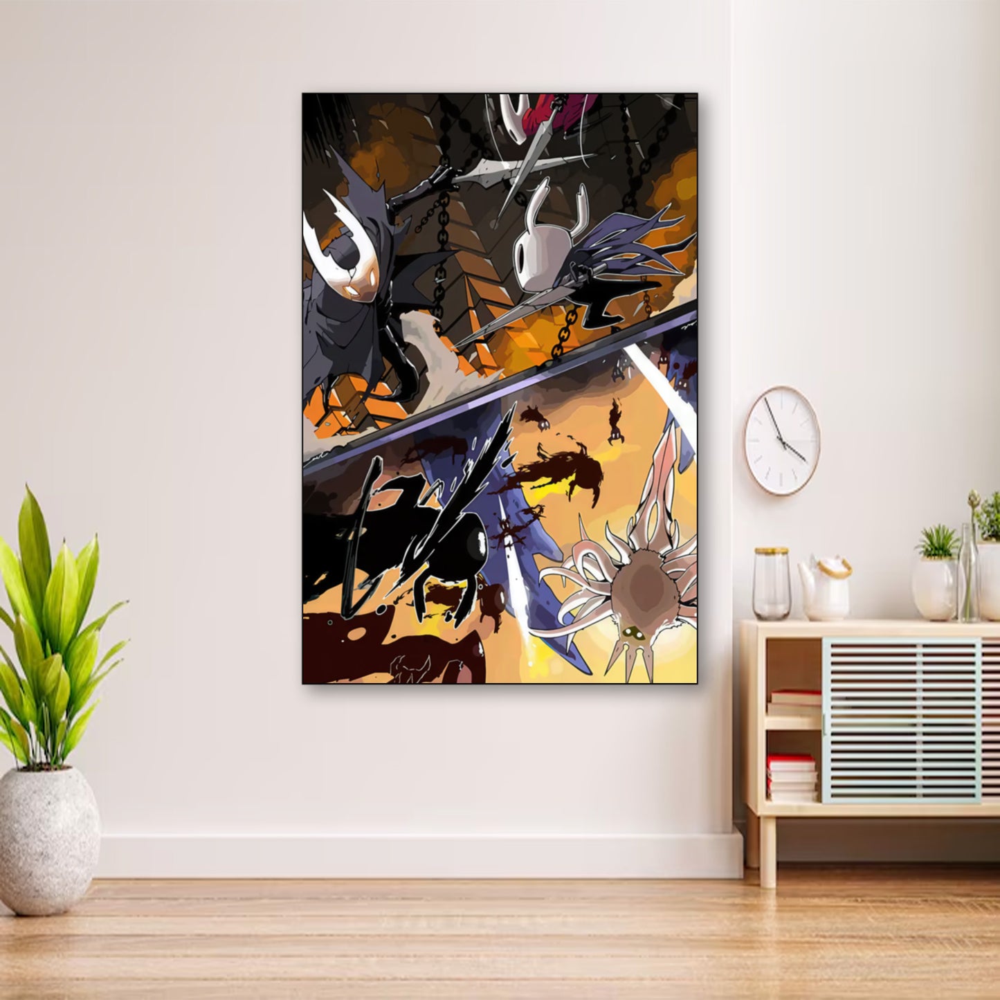 Hollow Knight Action Scene Wall Art – Boss Rush Video Game Poster wall art displayed in cozy portrait-style interior with minimalist decor