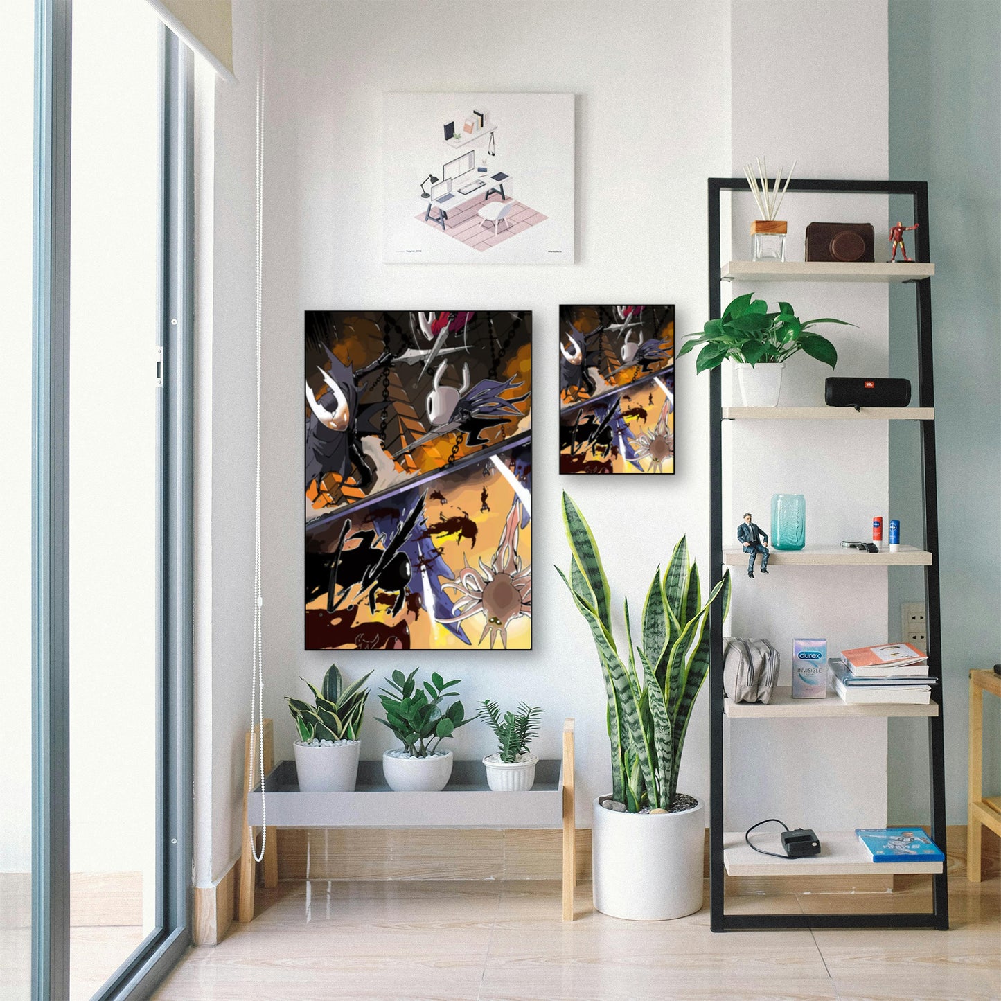 Hollow Knight Action Scene Wall Art – Boss Rush Video Game Poster displayed in bright room with plants and shelf
