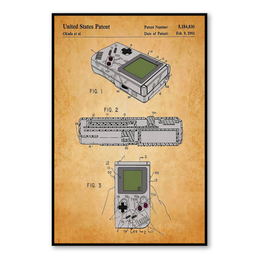 1993 Gameboy Patent Poster – Vintage Patent Wall Art close-up of full artwork