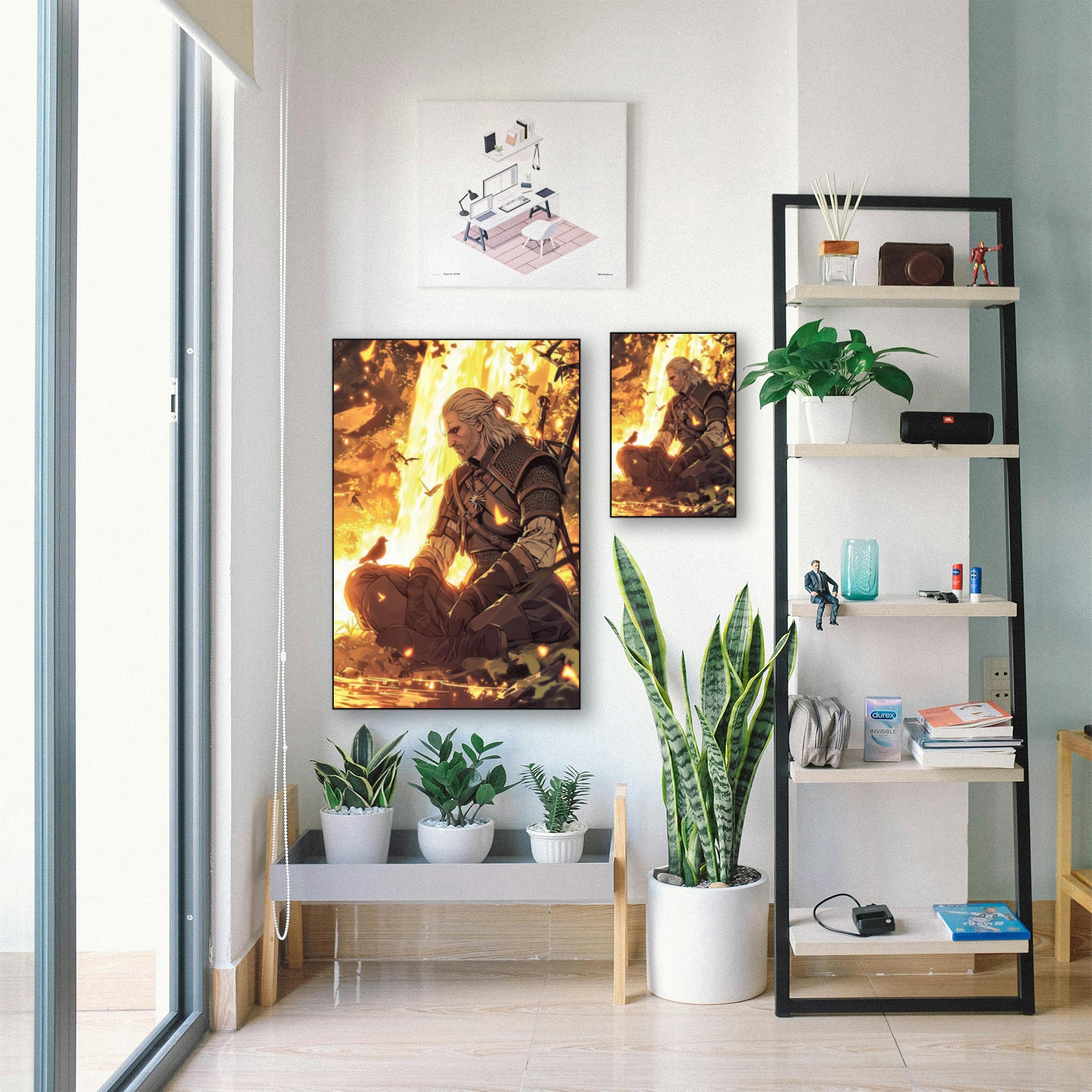 Geralt of Rivia Meditating Poster – Fantasy Wall Art displayed in bright room with plants and shelf