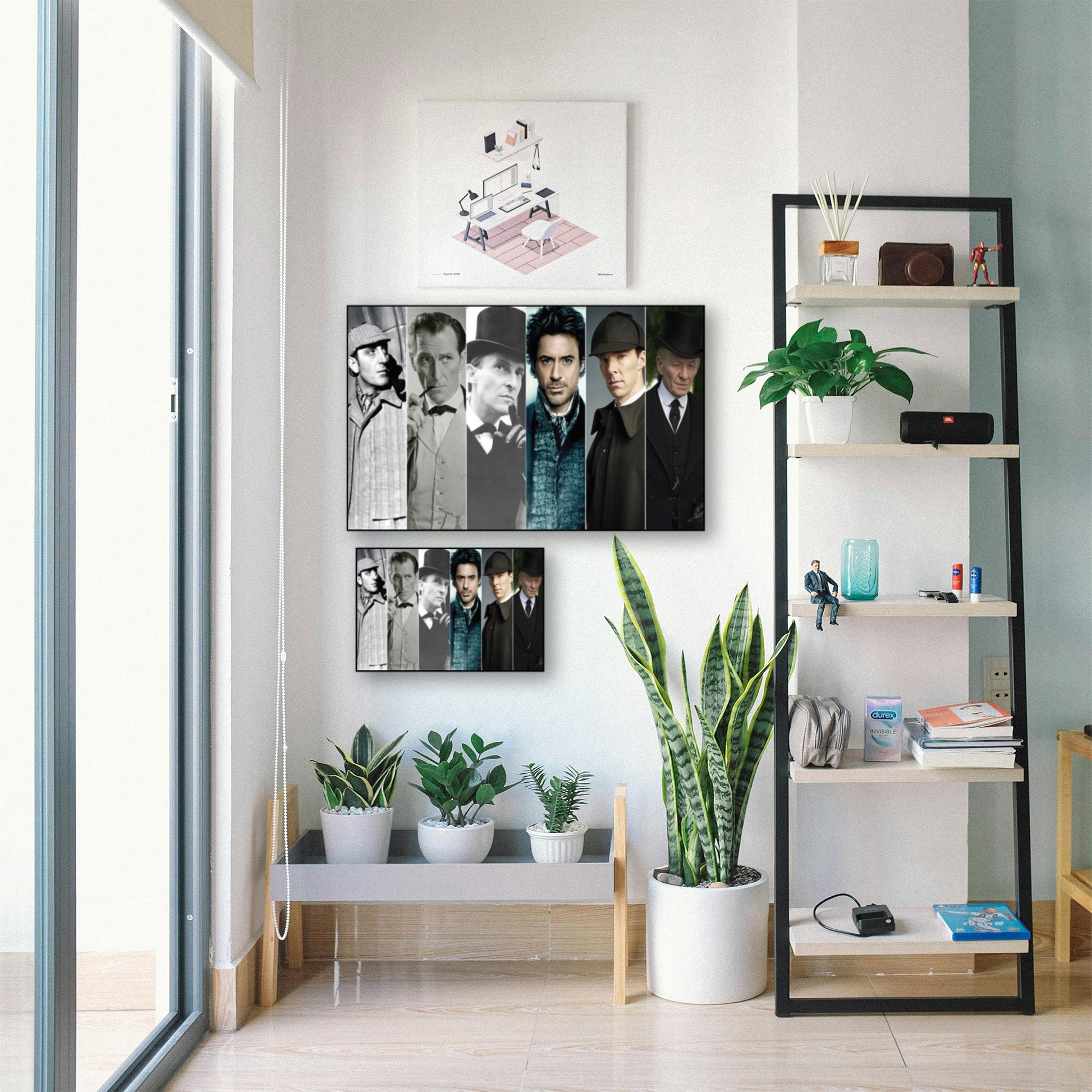 Holmes Through Time Wall Art – Ultimate Sherlock Holmes Collector’s Poster displayed in bright room with plants and shelf