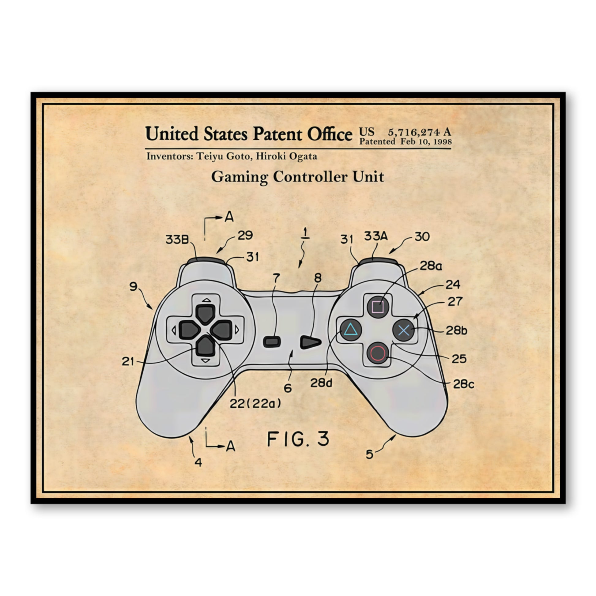 1998 PlayStation Controller Patent Poster – Vintage Gaming Wall Art close-up of full artwork
