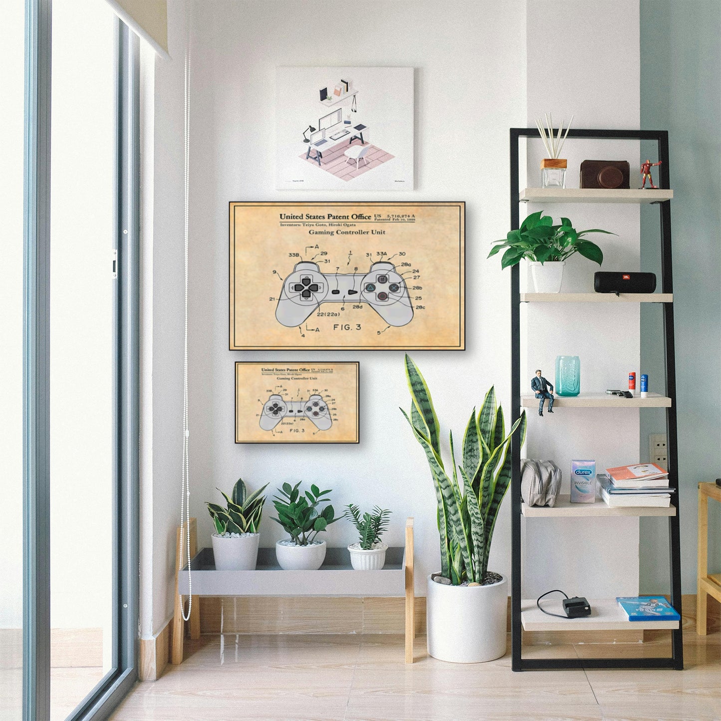 1998 PlayStation Controller Patent Poster – Vintage Gaming Wall Art displayed in bright room with plants and shelf