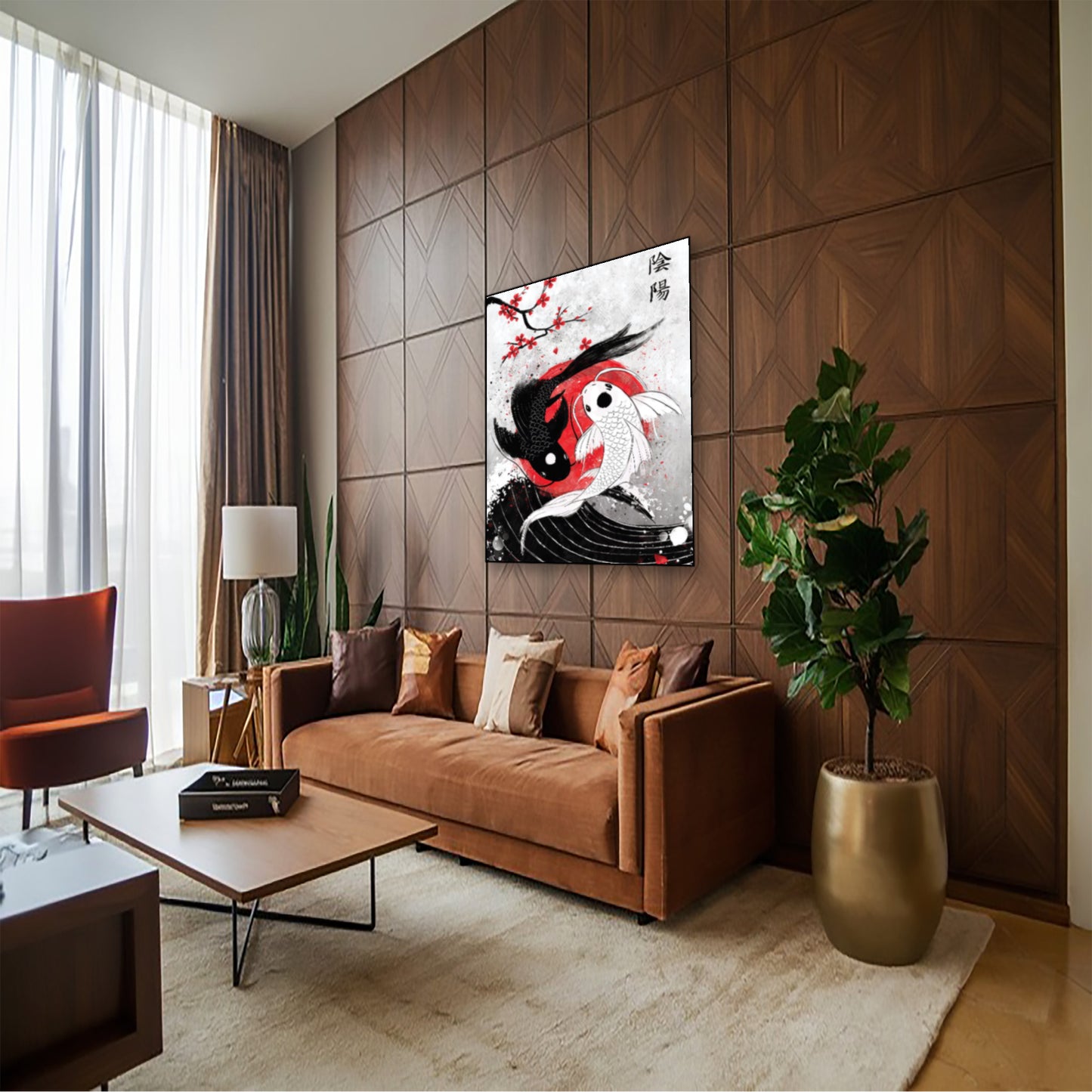 Yin Yang Koi Fish Poster – Japanese Inspired Wall Art hung above couch in contemporary living room