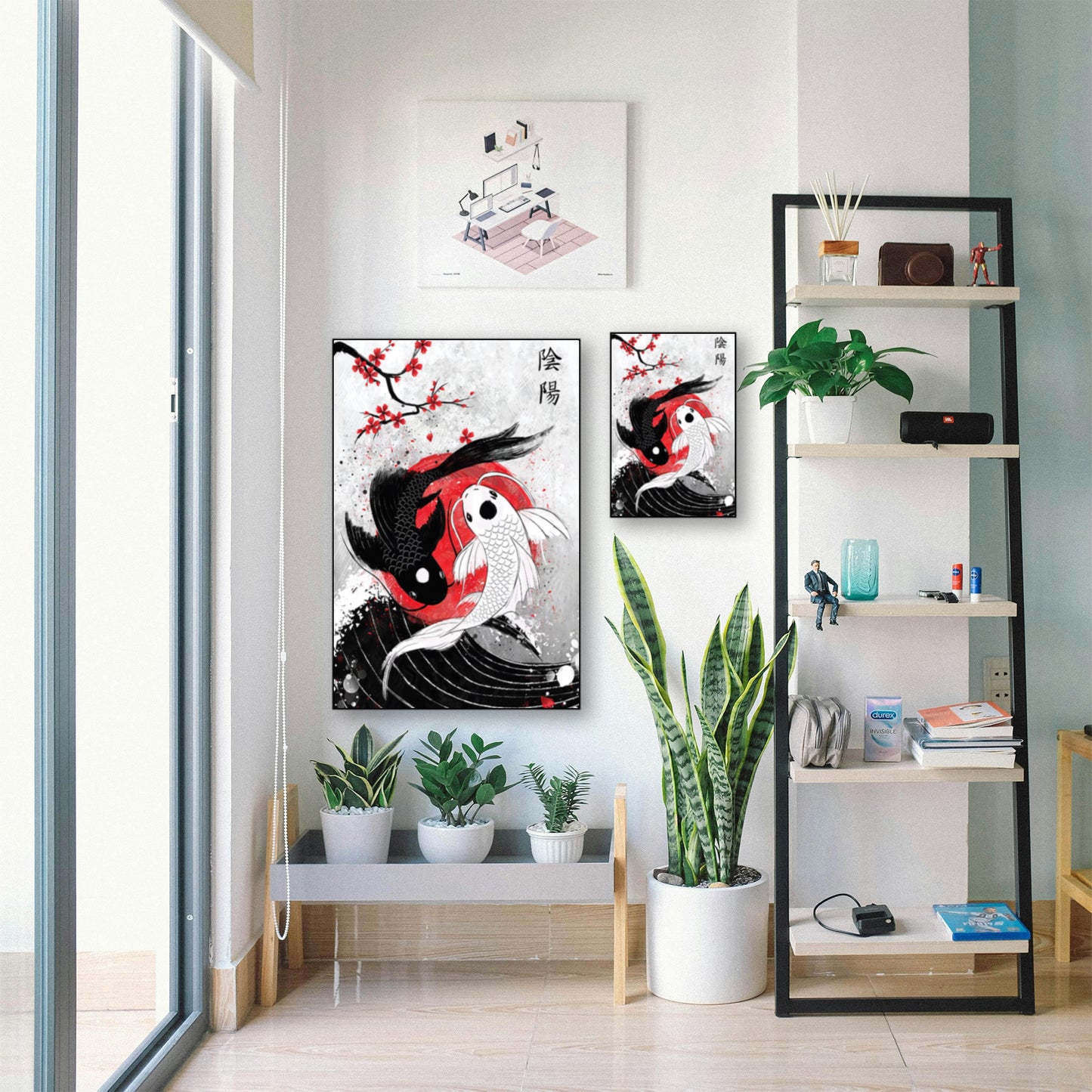 Yin Yang Koi Fish Poster – Japanese Inspired Wall Art displayed in bright room with plants and shelf