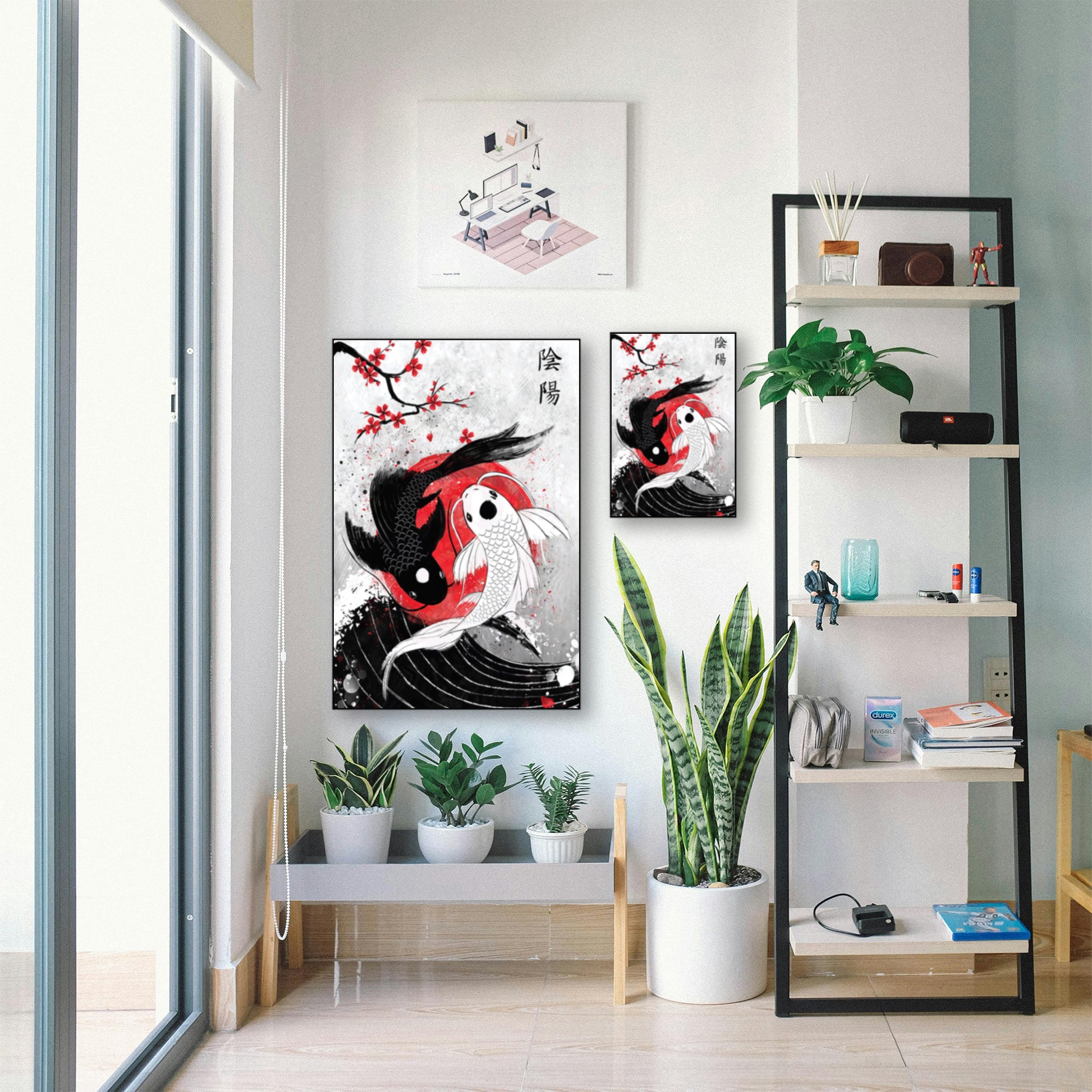Yin Yang Koi Fish Poster – Japanese Inspired Wall Art displayed in bright room with plants and shelf