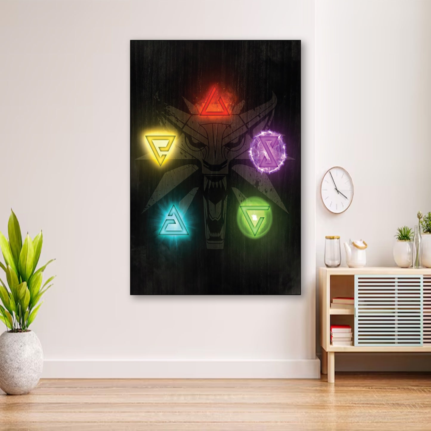 Witcher Power Signs Poster – Fantasy Gamer Wall Decor wall art displayed in cozy portrait-style interior with minimalist decor