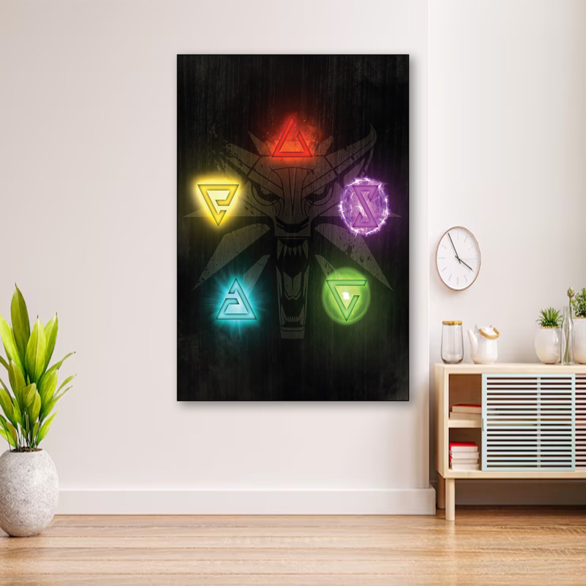 Witcher Power Signs Poster – Fantasy Gamer Wall Decor wall art displayed in cozy portrait-style interior with minimalist decor