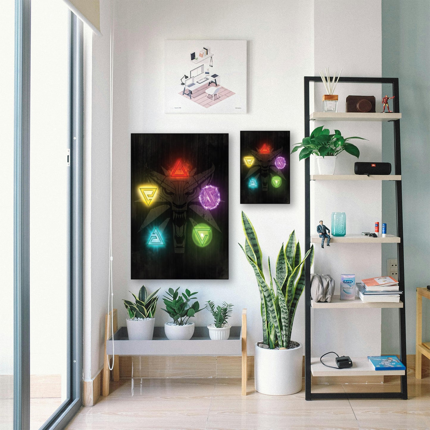 Witcher Power Signs Poster – Fantasy Gamer Wall Decor displayed in bright room with plants and shelf