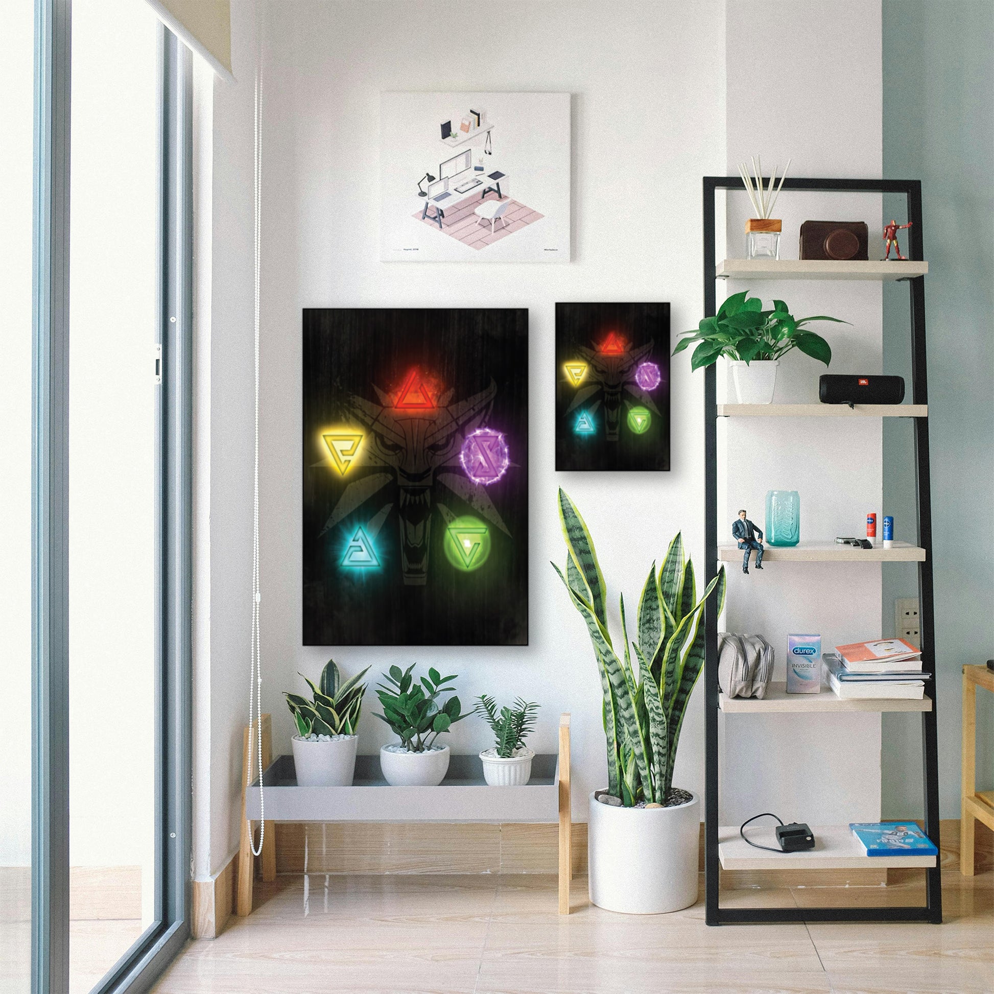 Witcher Power Signs Poster – Fantasy Gamer Wall Decor displayed in bright room with plants and shelf