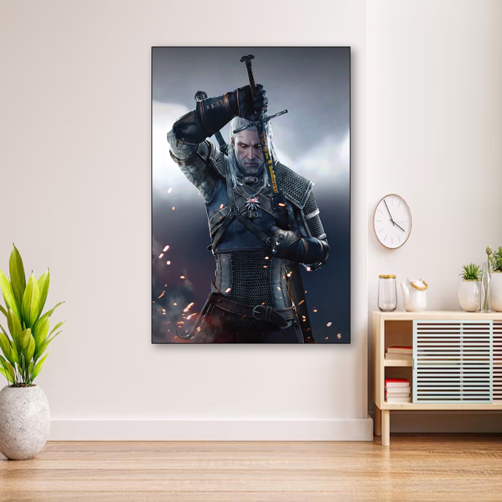 Geralt of Rivia Sword Draw Poster – Witcher Wall Art for Gamers wall art displayed in cozy portrait-style interior with minimalist decor
