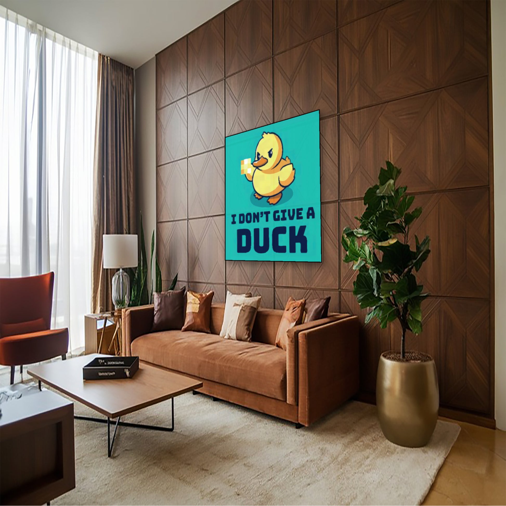 I Don’t Give a Duck Poster – Sarcastic Animal Humor Wall Art hung above couch in contemporary living room