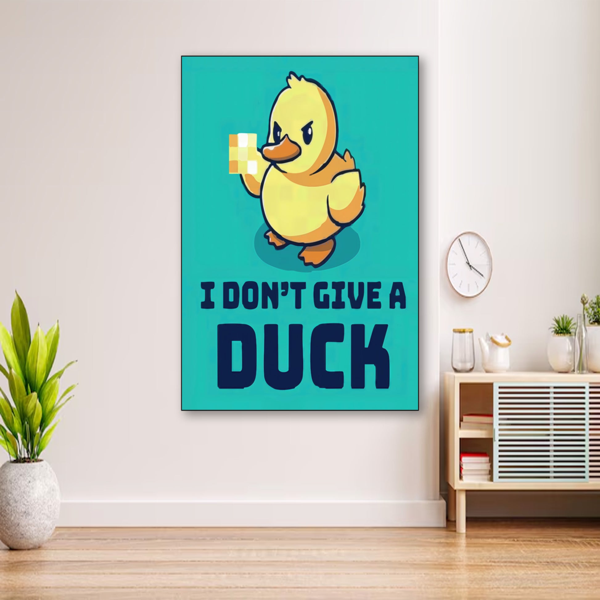 I Don’t Give a Duck Poster – Sarcastic Animal Humor Wall Art wall art displayed in cozy portrait-style interior with minimalist decor