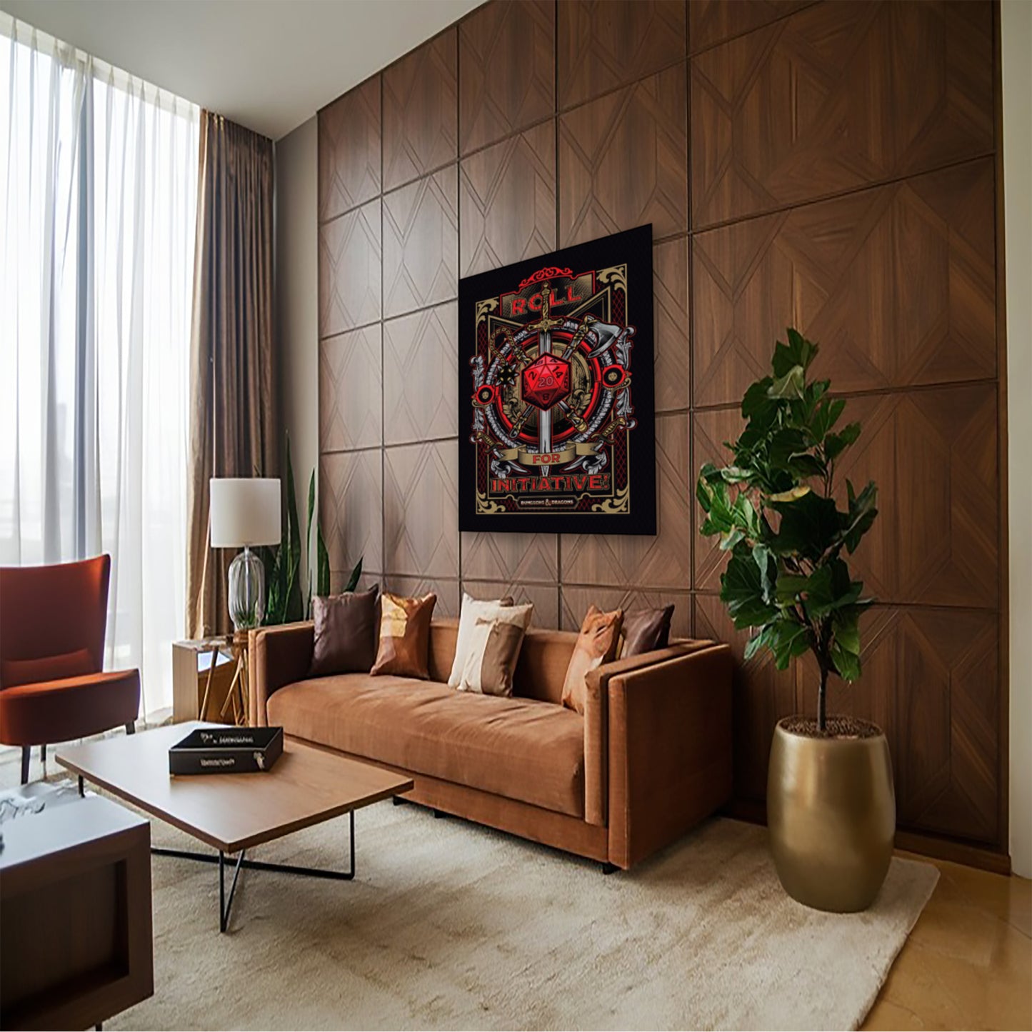 Tabletop Gaming Poster – D&D Roll Initiative Sword & Dice Print hung above couch in contemporary living room