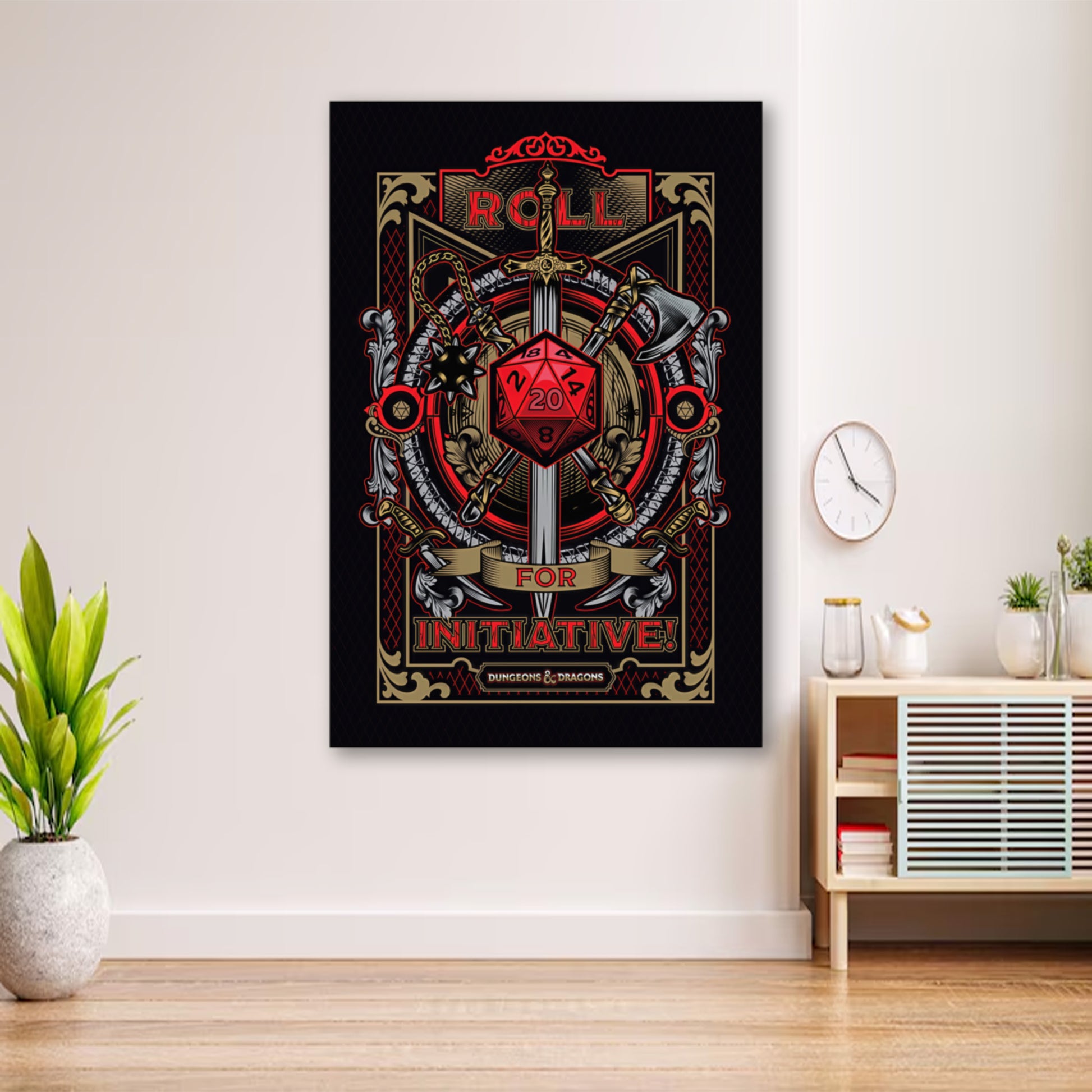 Tabletop Gaming Poster – D&D Roll Initiative Sword & Dice Print wall art displayed in cozy portrait-style interior with minimalist decor