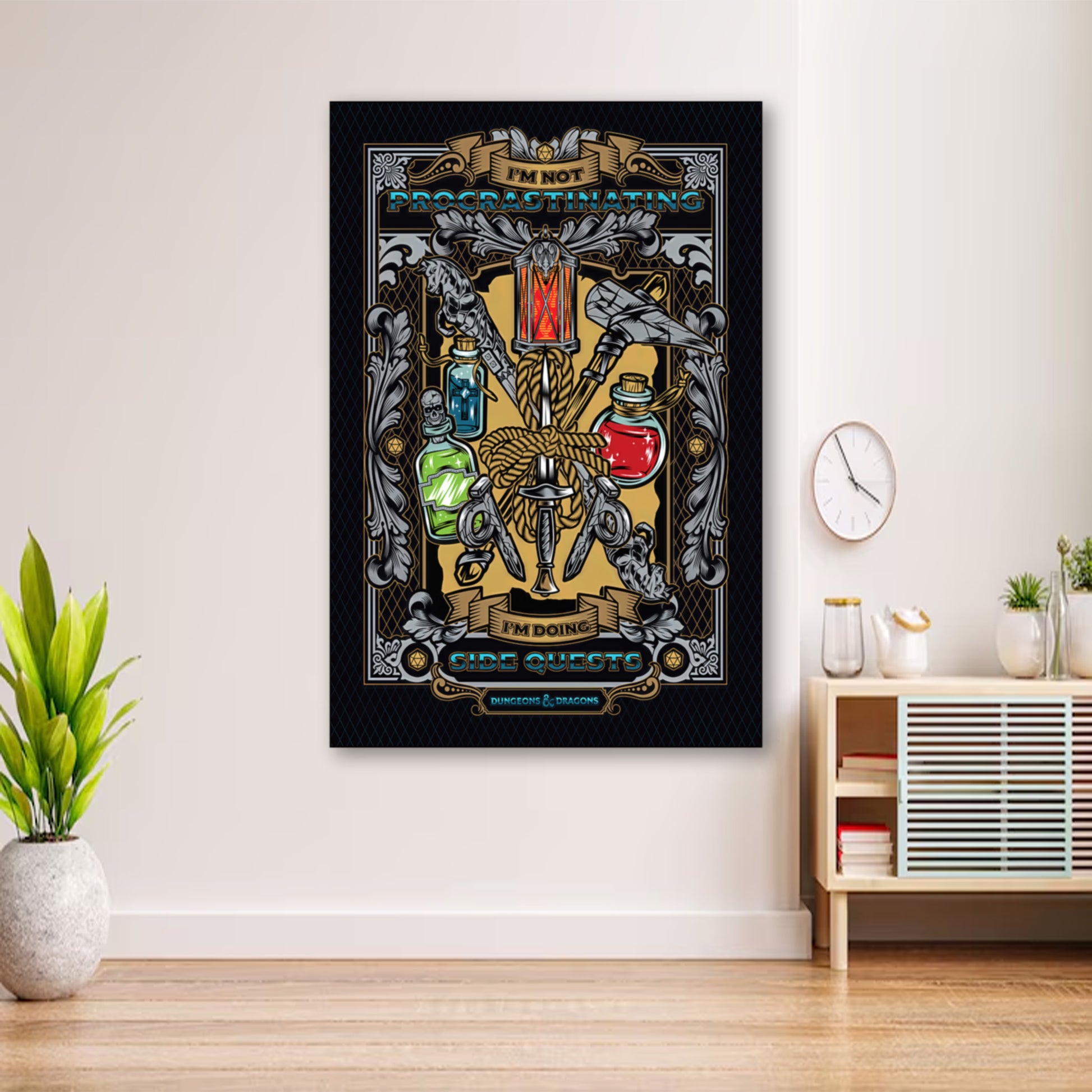Funny D&D Poster – “I’m Not Procrastinating, I’m Doing Side Quests” Wall Art wall art displayed in cozy portrait-style interior with minimalist decor