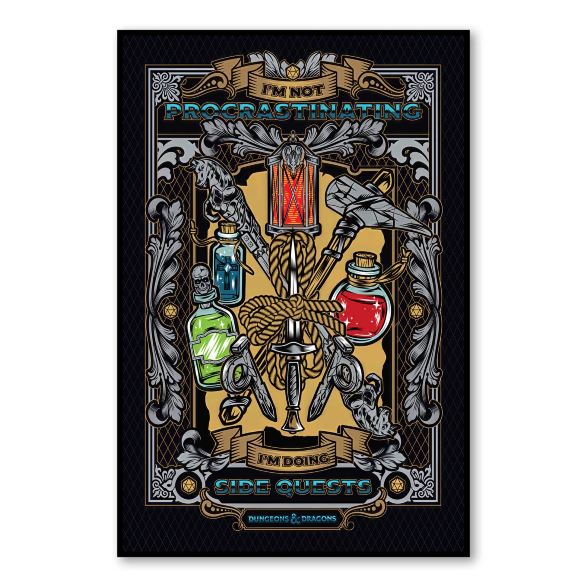 Funny D&D Poster – “I’m Not Procrastinating, I’m Doing Side Quests” Wall Art close-up of full artwork