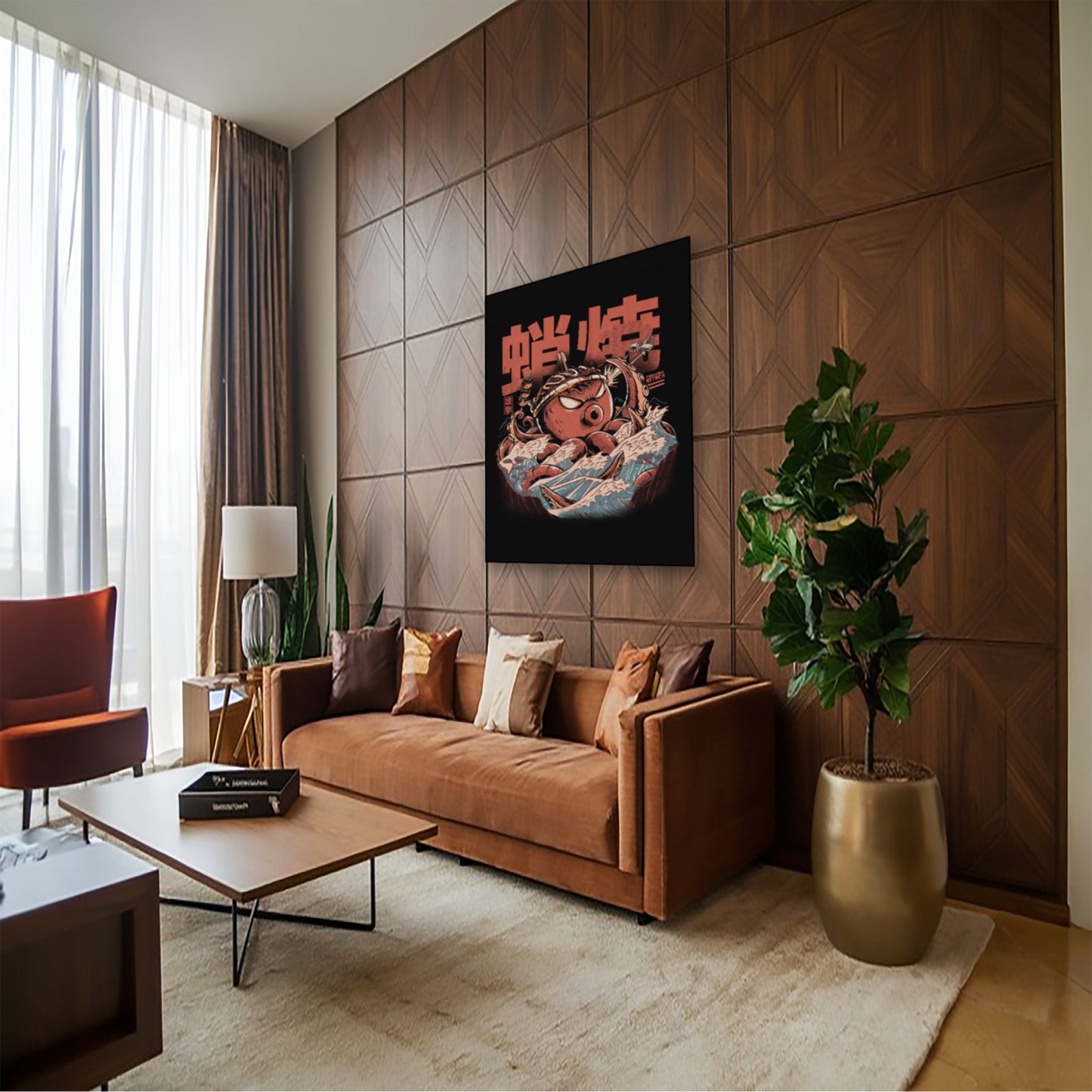 Giant Octopus Takoyaki Attack Poster – Funny Kaiju Food Art Print hung above couch in contemporary living room