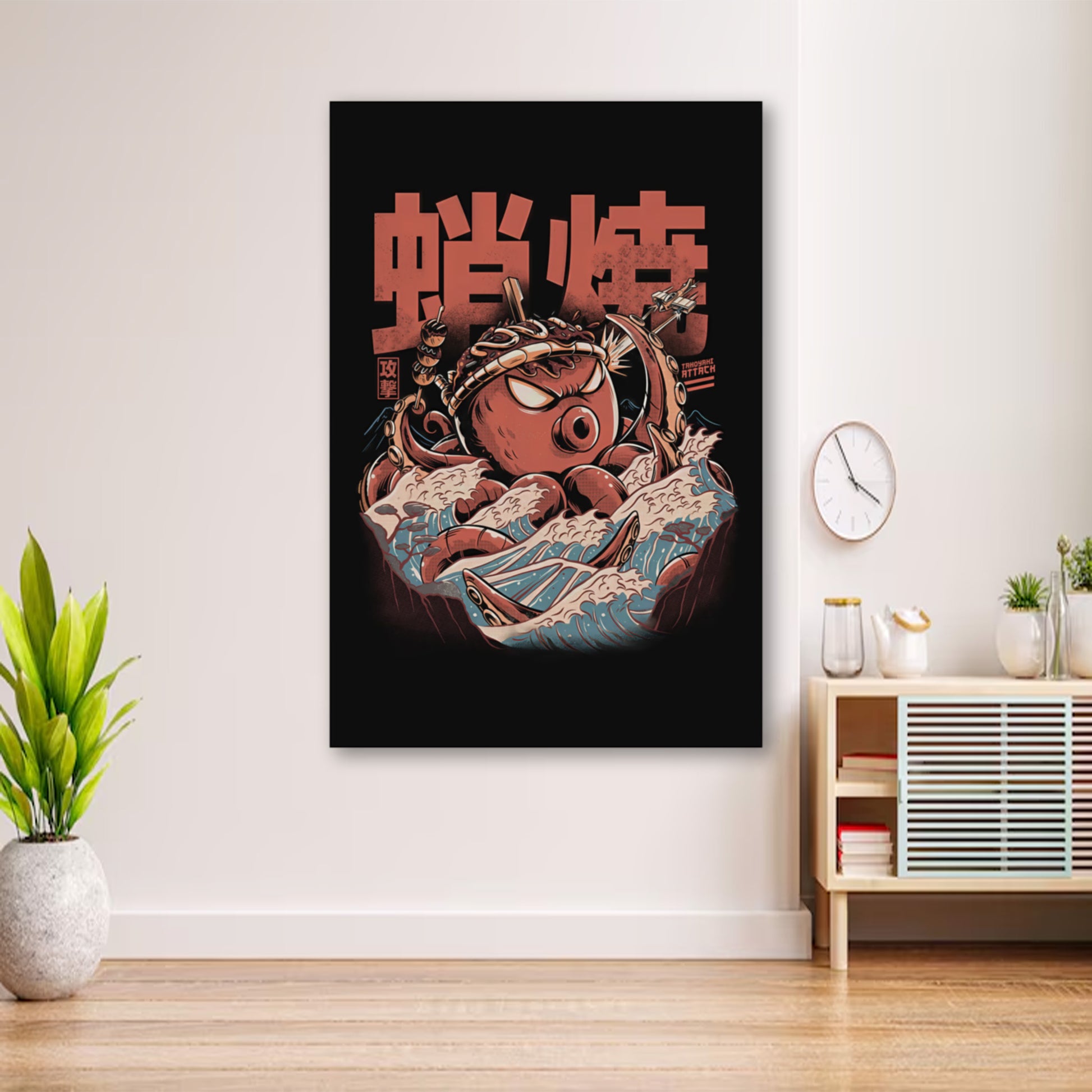 Giant Octopus Takoyaki Attack Poster – Funny Kaiju Food Art Print wall art displayed in cozy portrait-style interior with minimalist decor