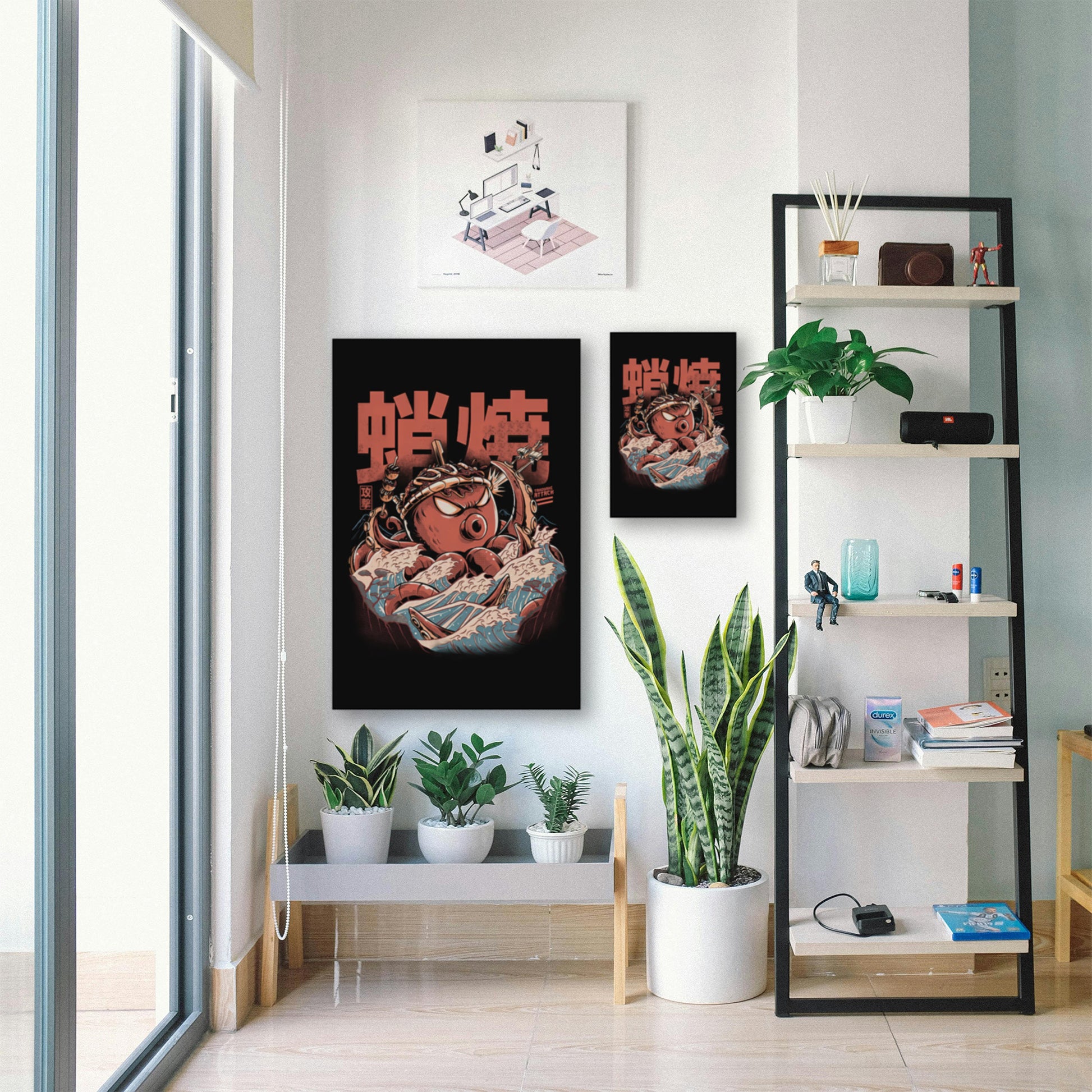 Giant Octopus Takoyaki Attack Poster – Funny Kaiju Food Art Print displayed in bright room with plants and shelf