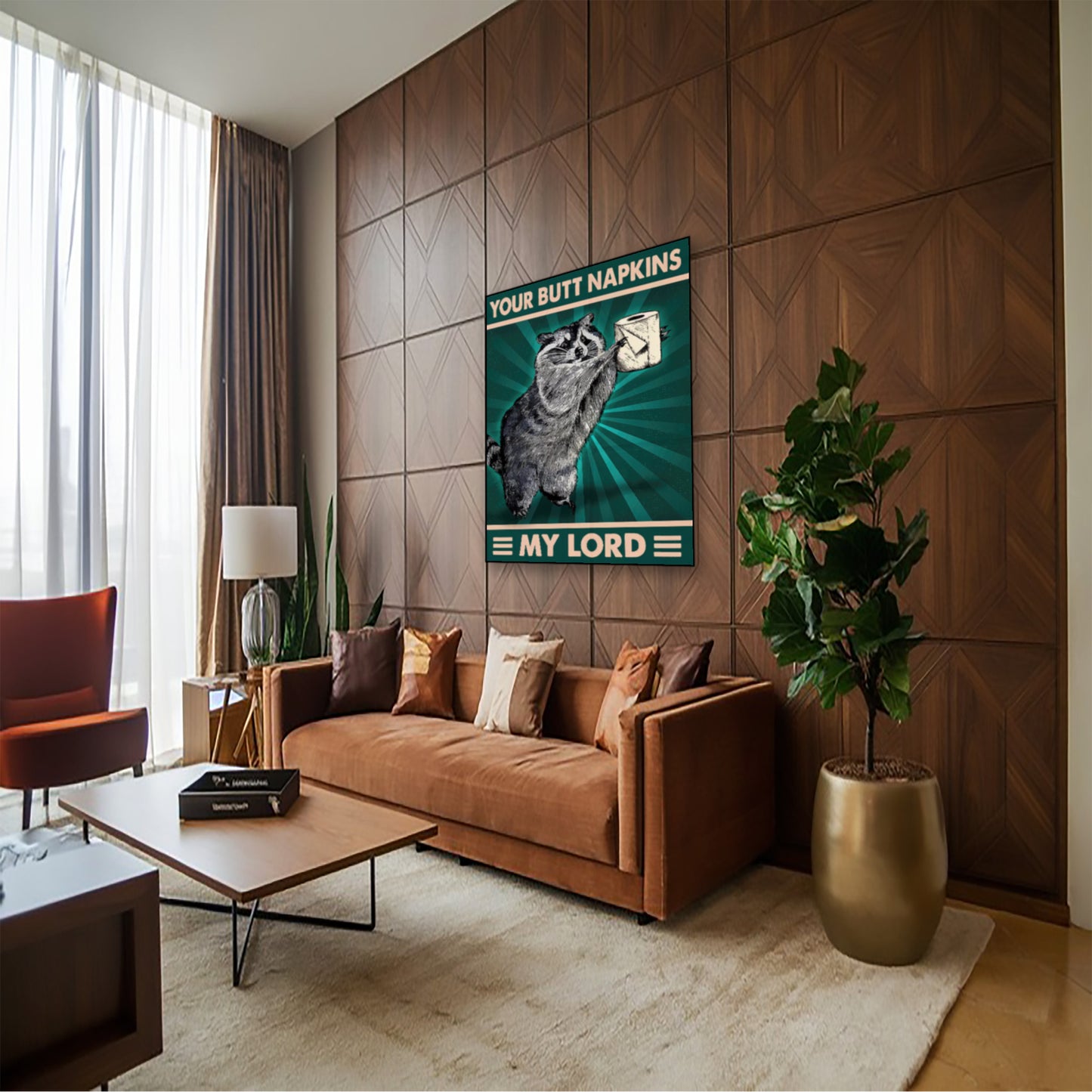 Funny Raccoon Bathroom Poster – “Your Butt Napkins, My Lord” Wall Art hung above couch in contemporary living room
