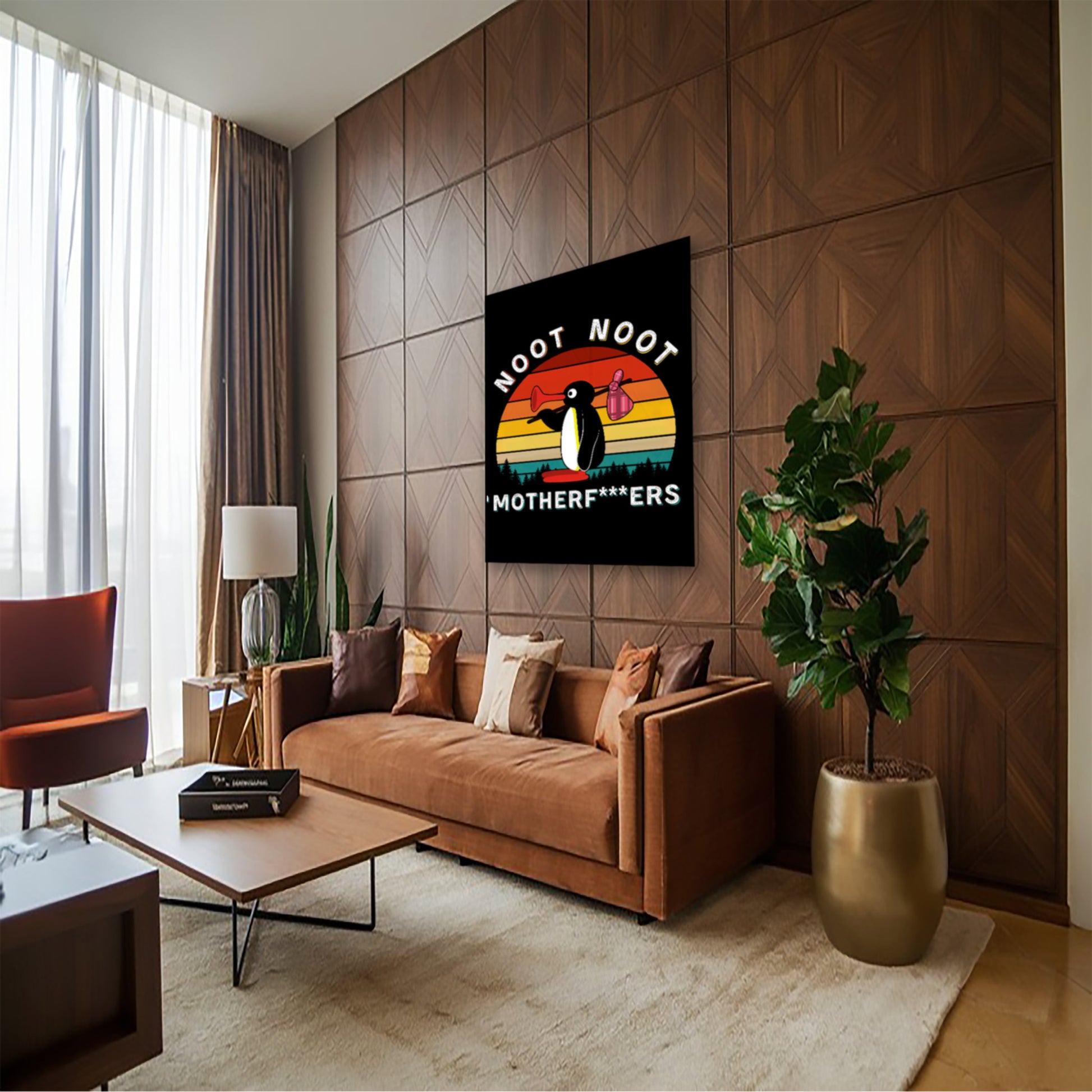 Penguin Wall Art – Censored NOOT NOOT Meme for Gamers & Students hung above couch in contemporary living room