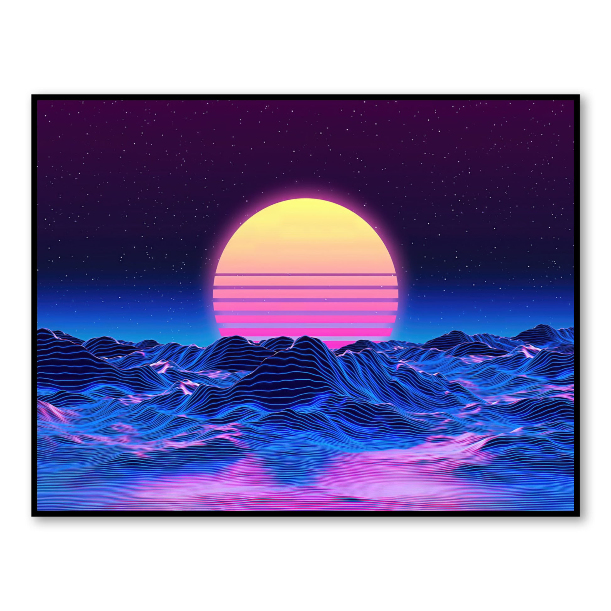 Retro Futuristic Neon Art – Vaporwave Sunset & Wireframe Mountains close-up of full artwork