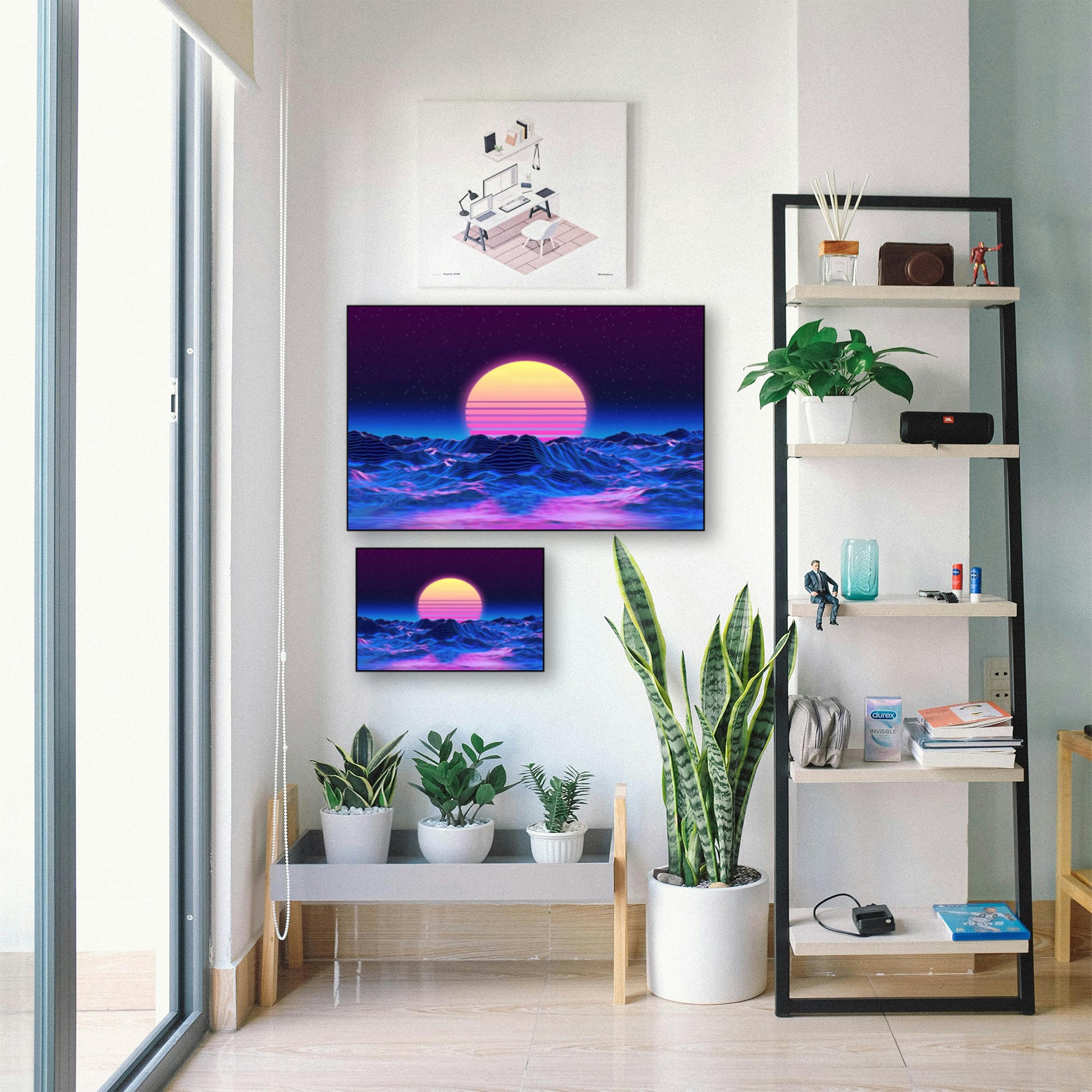 Retro Futuristic Neon Art – Vaporwave Sunset & Wireframe Mountains displayed in bright room with plants and shelf