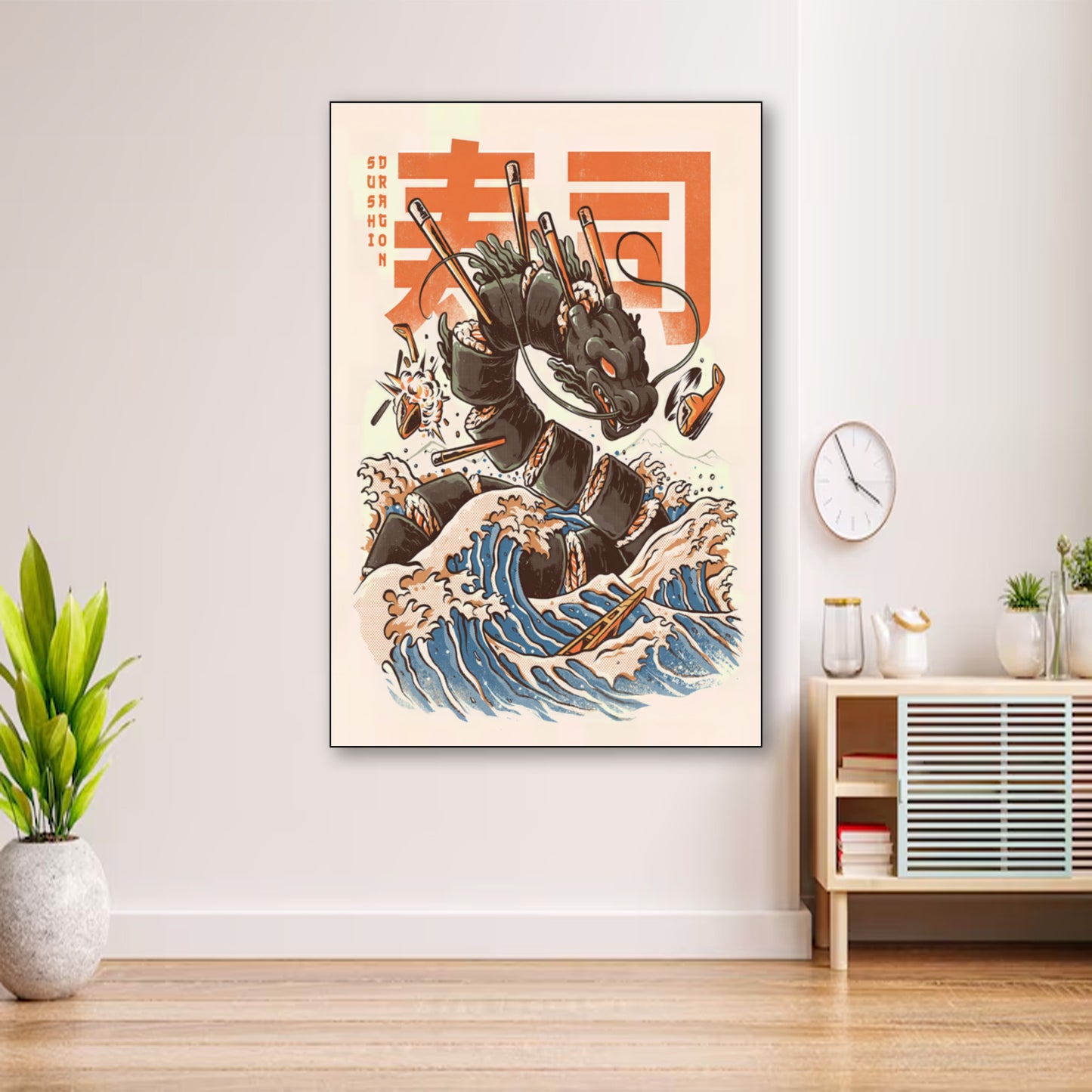 The Great Sushi Dragon – Funny Food Monster Wall Art wall art displayed in cozy portrait-style interior with minimalist decor