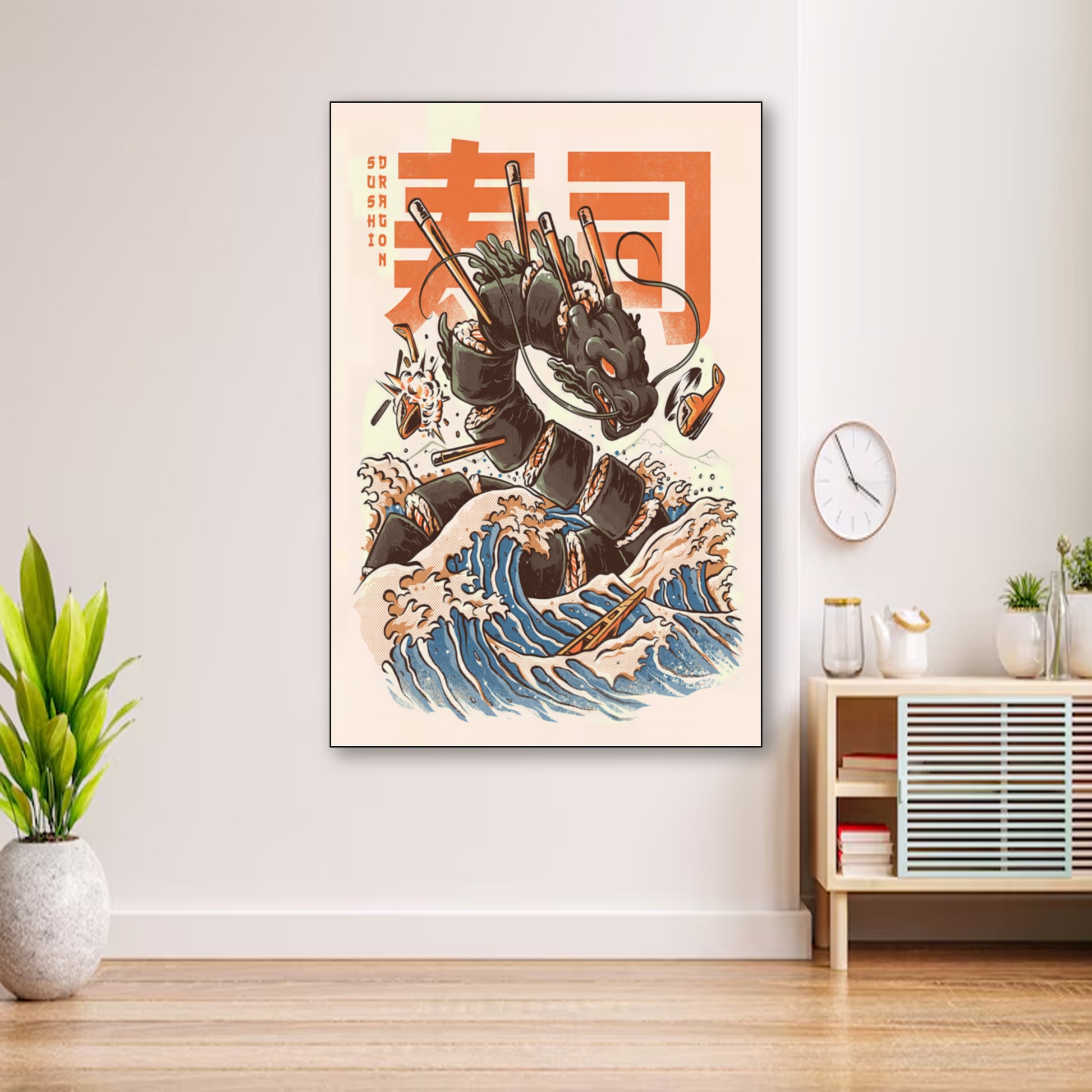 The Great Sushi Dragon – Funny Food Monster Wall Art wall art displayed in cozy portrait-style interior with minimalist decor