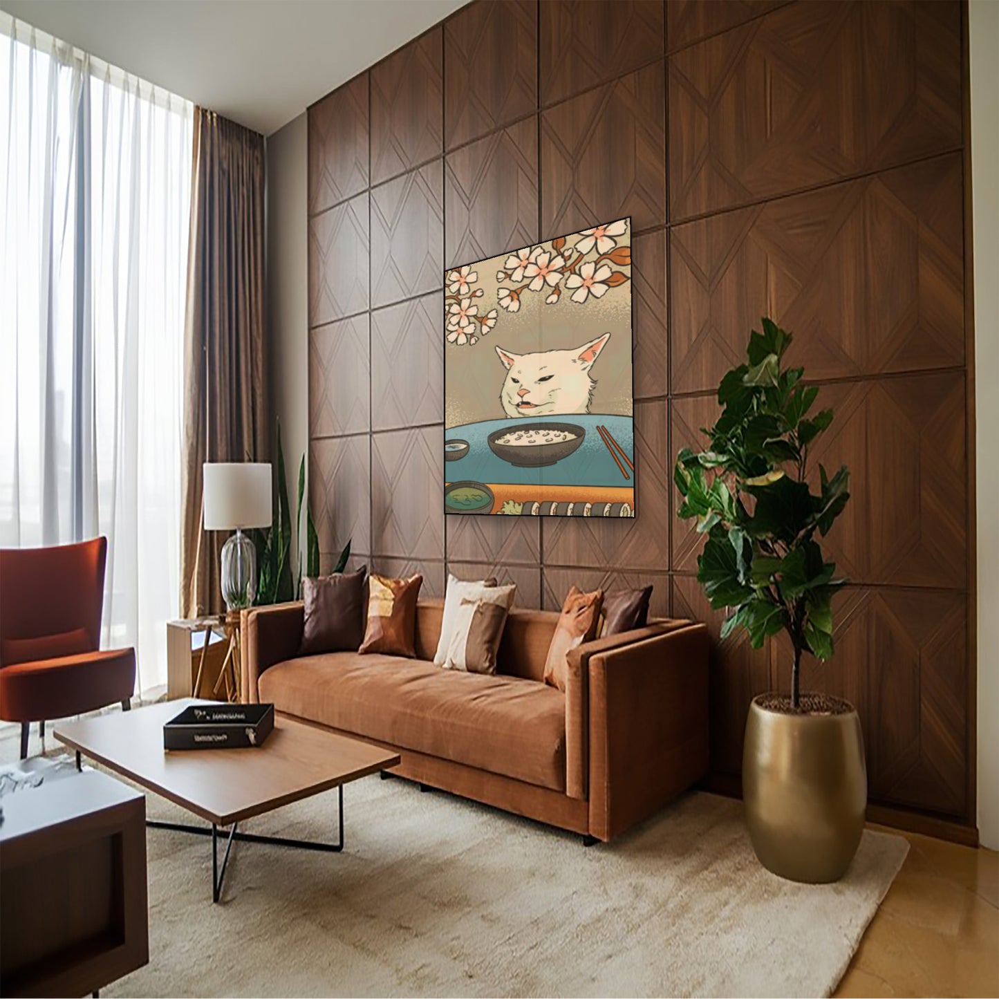 Sushi Cat Meme Poster – Japanese Art Style “Smudge the Cat” Print hung above couch in contemporary living room