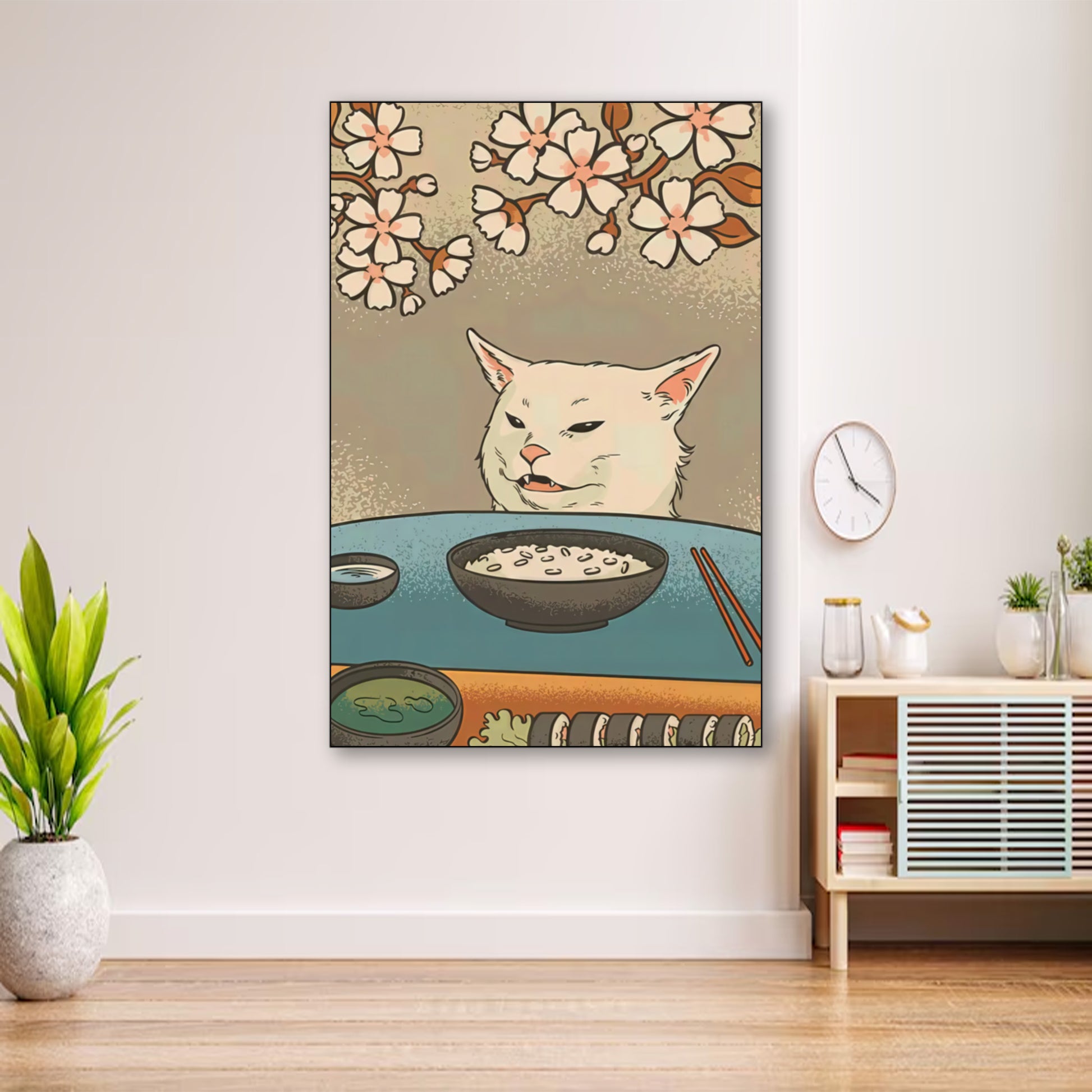 Sushi Cat Meme Poster – Japanese Art Style “Smudge the Cat” Print wall art displayed in cozy portrait-style interior with minimalist decor